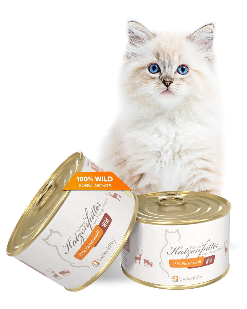 Lucky-Kitty Katzenfutter Wild, Hirsch in Metzgerqualität, Nassfutter für: Katzen, 95% Fleischanteil, ohne Getreide, Zucker oder Füllstoffe