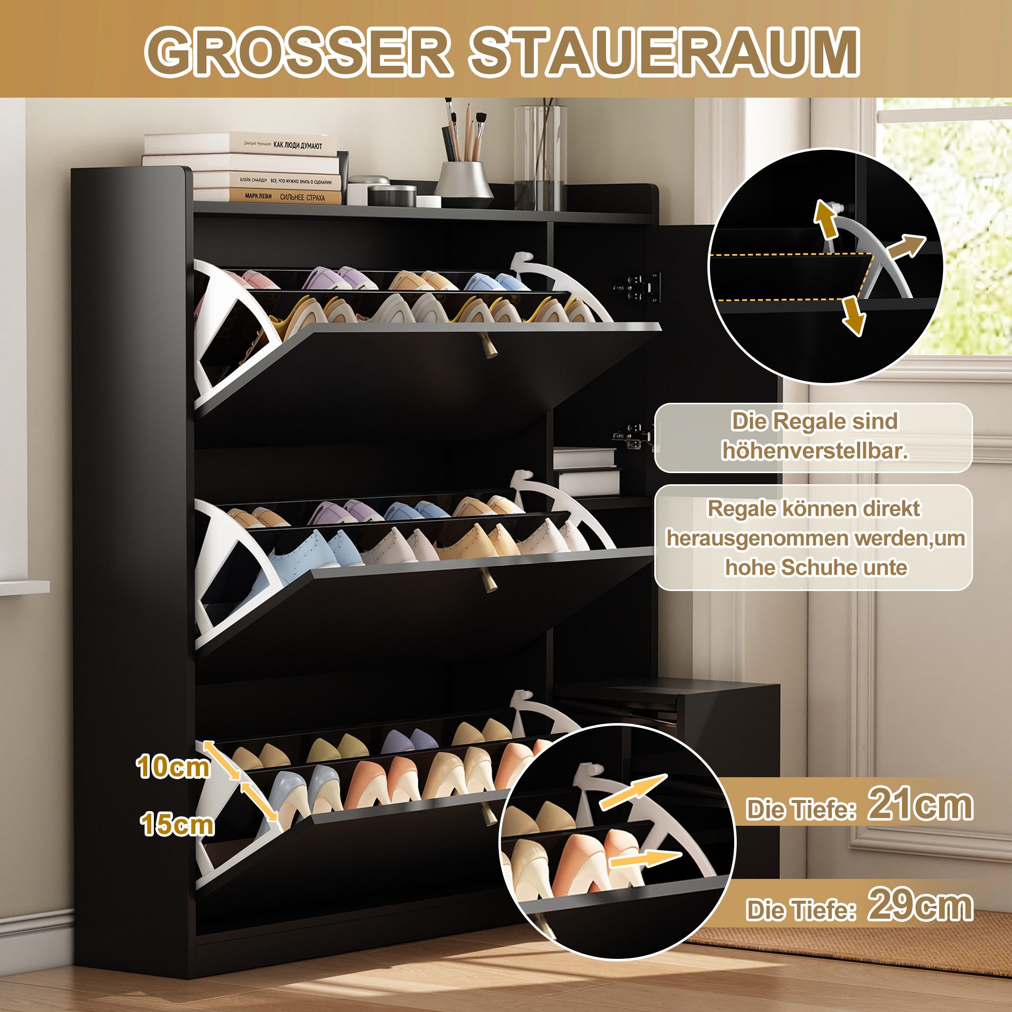 i@home Schuhkipper Schuhschrank mit Schubladen und Tür, Mit klappbarem Fußhocker für den Flur, 119*24*122