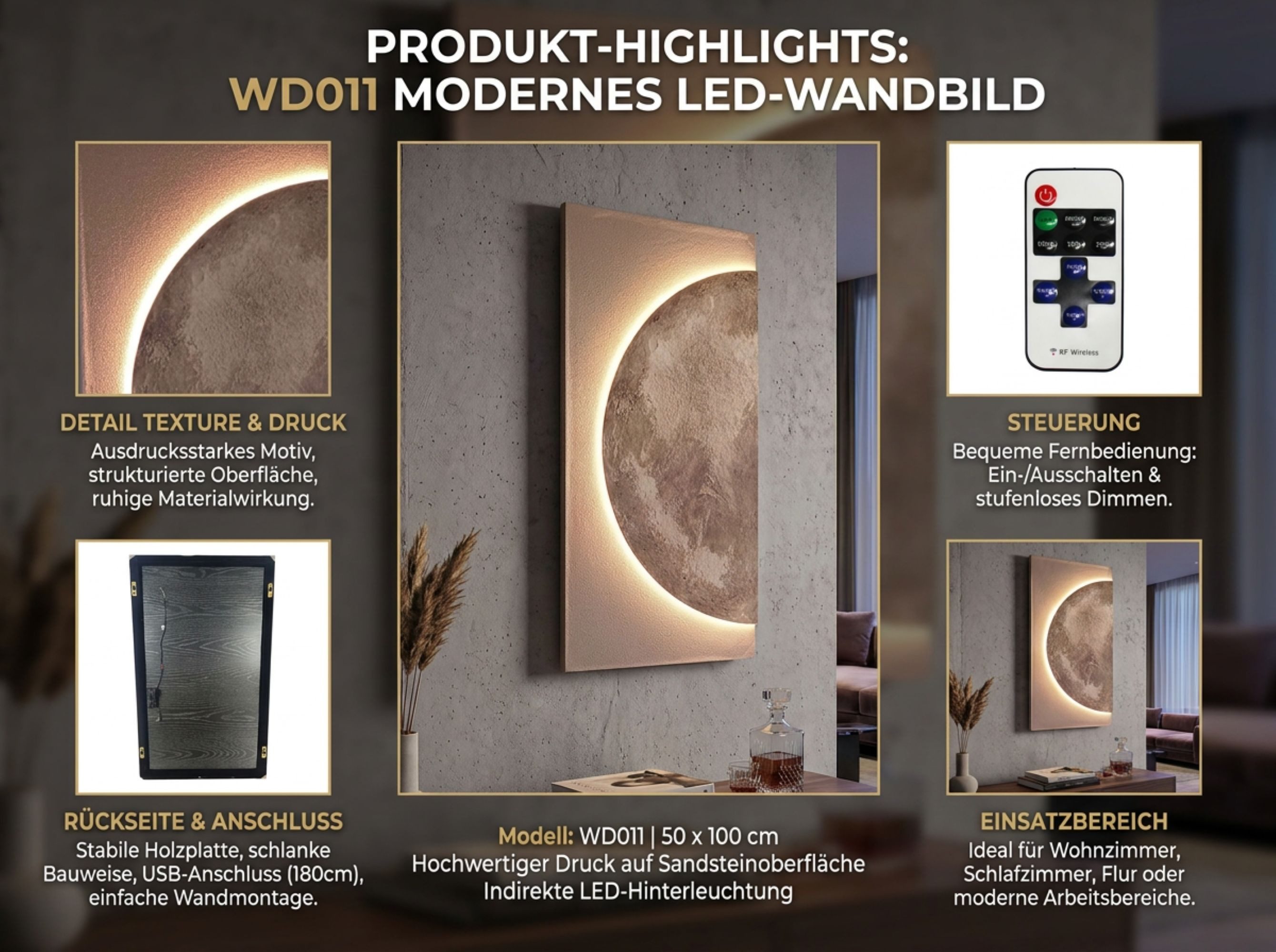 Arnusa Wandbild LED Wanddekoration Leuchtbild Mond 100x50 cm mit Fernbedienung, Mond, warmweiß Wandleuchte Dekoration