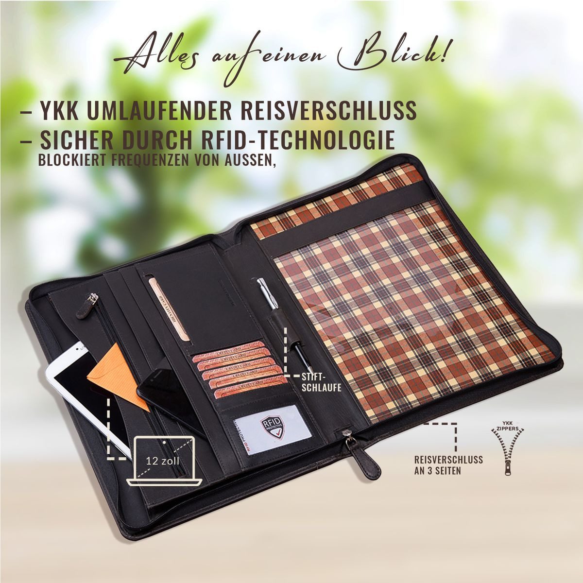Corno d´Oro Aktenmappe für bis 12 Zoll Tablet iPad Handmade Konferenzmappe A4 Leder Schwarz, Schreibmappe mit Reißverschluss, RFID Schutz, im Geschenkbox