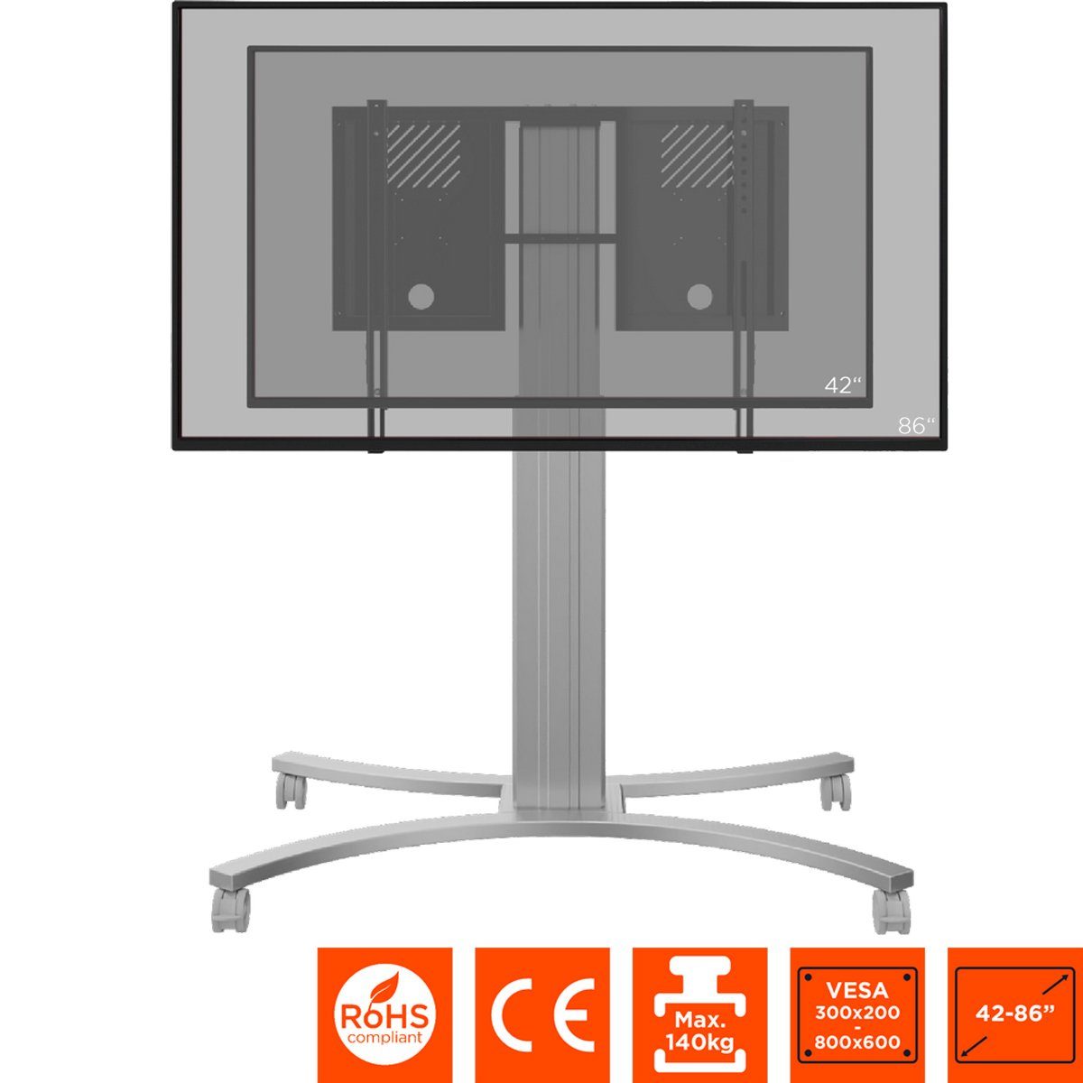 Celexon x Zoll, VESA 800 Display-Rollwagen 50cm (bis - schwarz/silber) max elektrisch TV-Wandhalterung, Adjust-4286MS Hub höhenverstellbar, Expert 86 600,