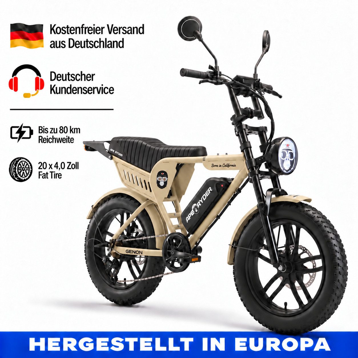 APE RYDER E-Bike Trekkingrad 20*4 Zoll Fatbike, 48V 15Ah Akku, bis 80 km, Shimano 7-Gang, 7 Gang, Heckmotor, 720 Wh, Fahrradbeleuchtung, Ständer, Klingel, Hochleistungsakku