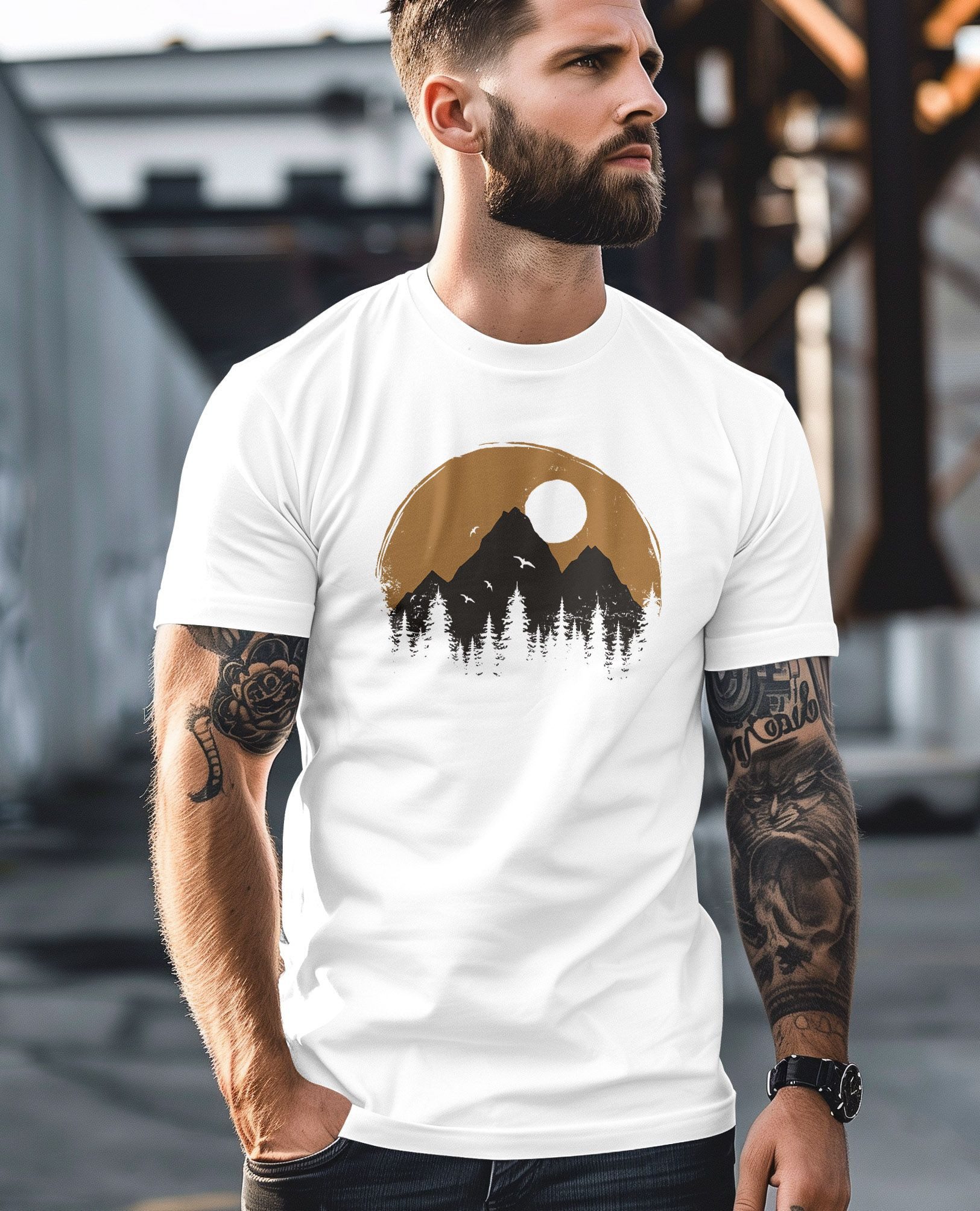 Neverless Print-Shirt Herren T-Shirt Outdoor Print Natural Badge Logo Wandern Fashion mit Print
