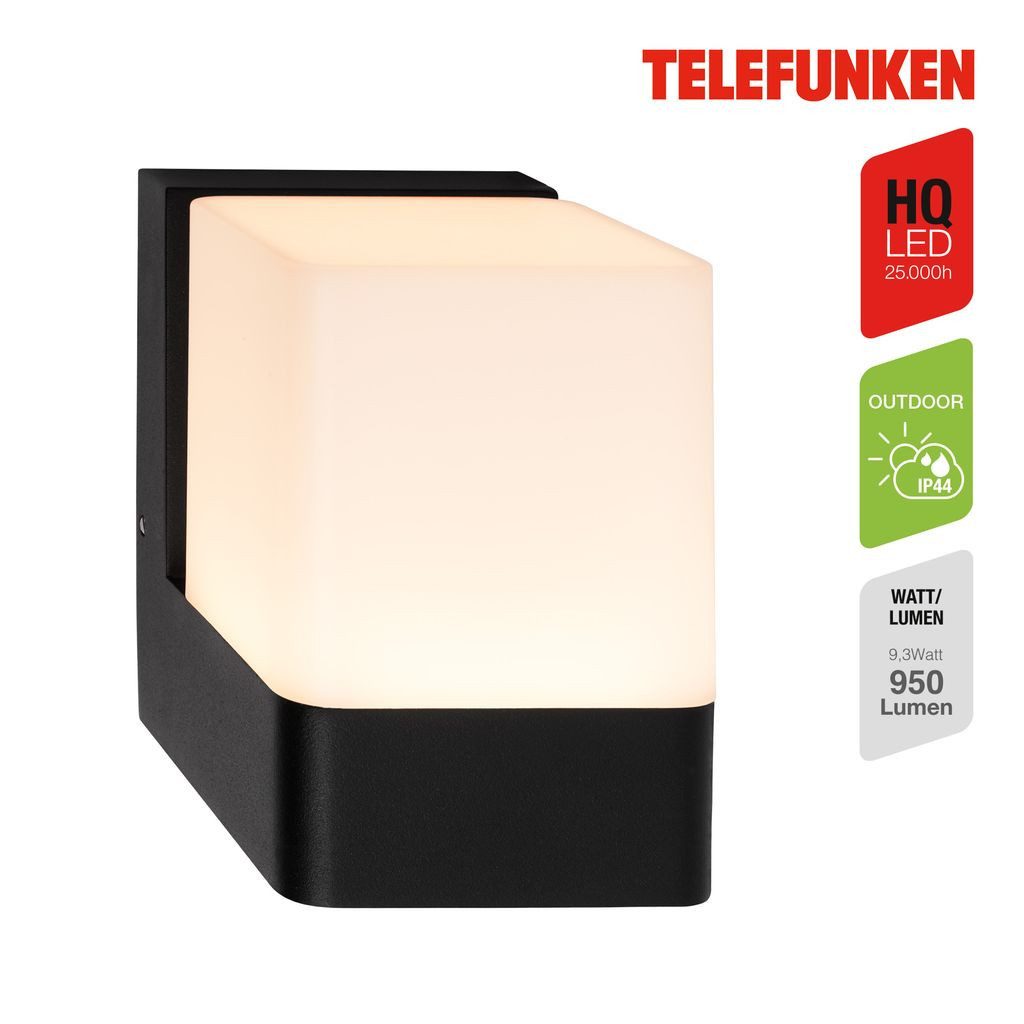 Telefunken Wandleuchte 322105TF, LED fest integriert, 2700K - Extra-Warmweiß, LED Wandleuchte Aussen 11,5x11x8 cm Schwarz Hauswand Balkon Terrasse