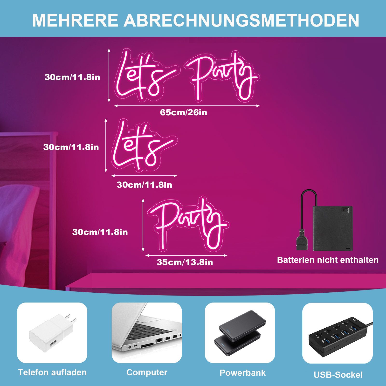 MUPOO Dekolicht LED Dekolicht,Let's Party Neon Schilder Dimmbar,Zwei-Pack, LED Rosa Neonlicht,für Verlobungsfeier,Hochzeit,Party,Hausbar