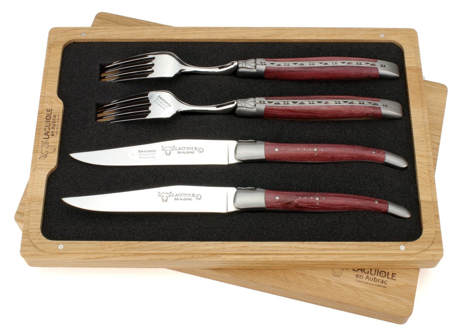 Laguiole en Aubrac Steakbesteck CCF99ATI, 2 Messer / 2 Gabeln - Griff Amaranth - Backen matt - Stahl glänzend