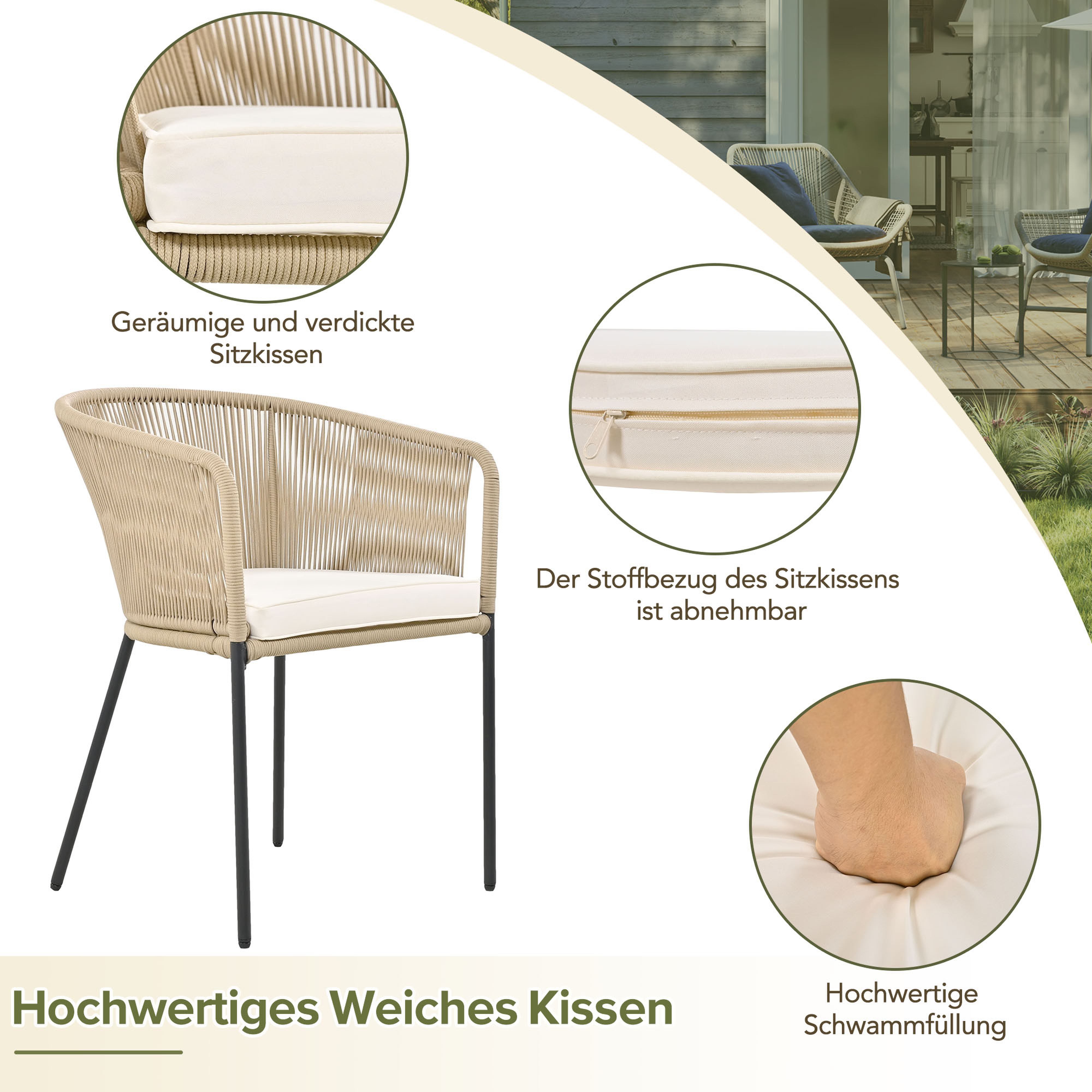 BlingBin Gartenlounge-Set Garten-Essgruppe, Garten-Lounge-Set aus Seil, für 6 Personen, (6 Sessel und 1 Tisch, Tisch aus Akazienholz, 7-tlg., Tragendes Gewicht: 160kg/Einzelplatz, 80kg/Tisch, Beige), Mit Fußpolstern und Sechs Sitzkissen, Abnehmbar und Waschbar, Beige