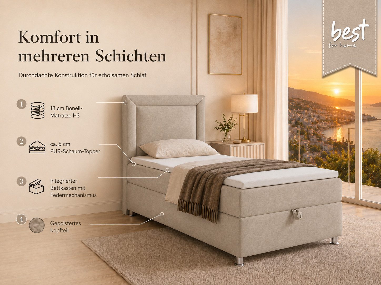 Best for Home Boxspringbett Trinity K-3 SINGLE mit Bettkasten & ca. 5 cm Topper (Einzelbett, Polsterbett mit gepolstertes Kopfteil, Jugendbett, Kinderbett versch. Größen, 3-St., 70x200 80x200 90x200 100x200 cm), Einzel-Boxspringbett mit integriertem Bettkasten