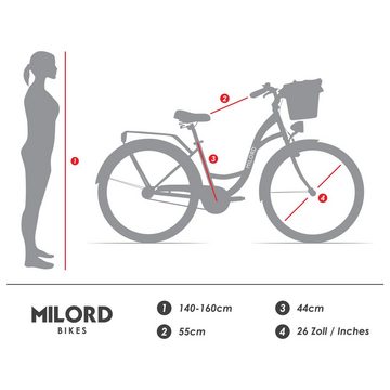 MILORD BIKES Cityrad Milord Komfort City Fahrrad mit Weidenkorb Retro Damenfahrrad, 28/26 Zoll, Rosa, 1-Gang, 1 Gang