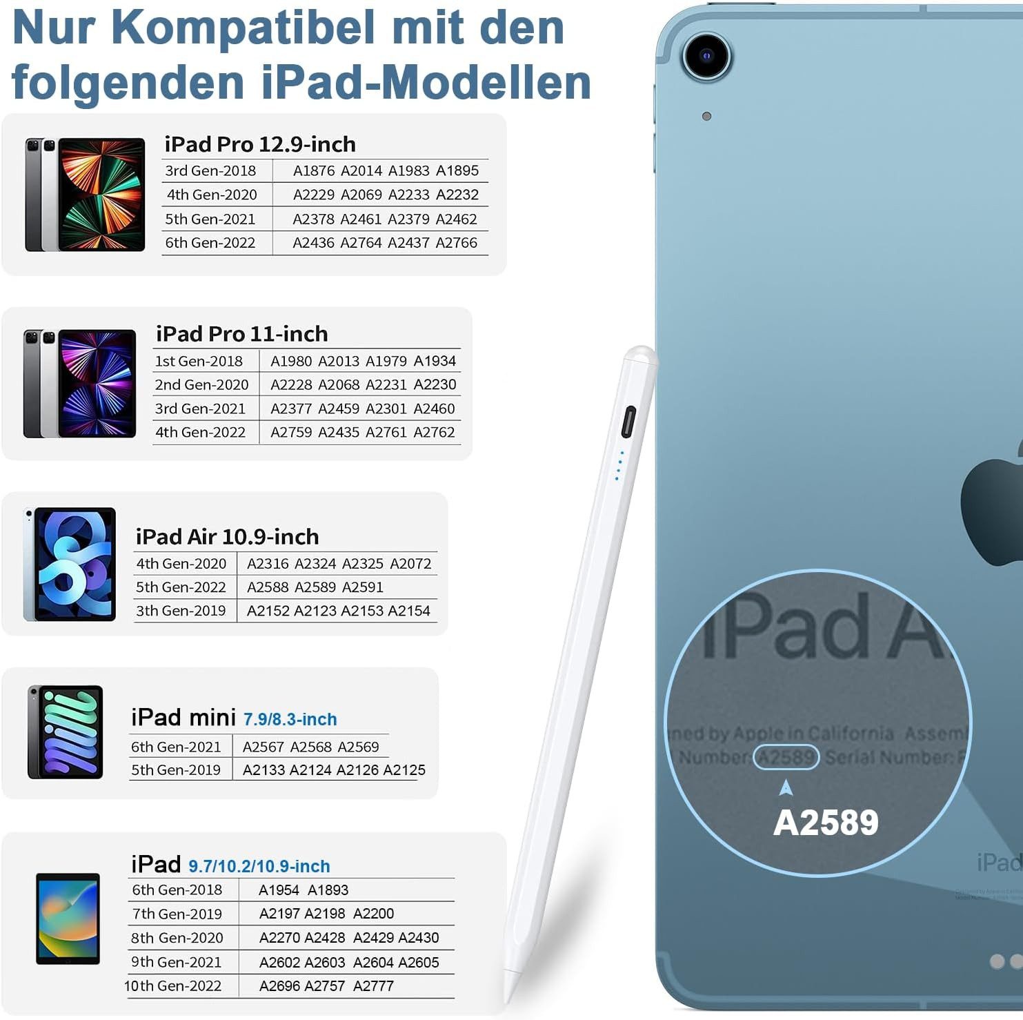 S&T Design Eingabestift Stift für iPad USB-C (2018-2024) Schnellladen für Apple iPads (2018-2024), mit Ersatzspitze) Tabletstift Stylus Pencil 2. Generation Pen USB-C V1