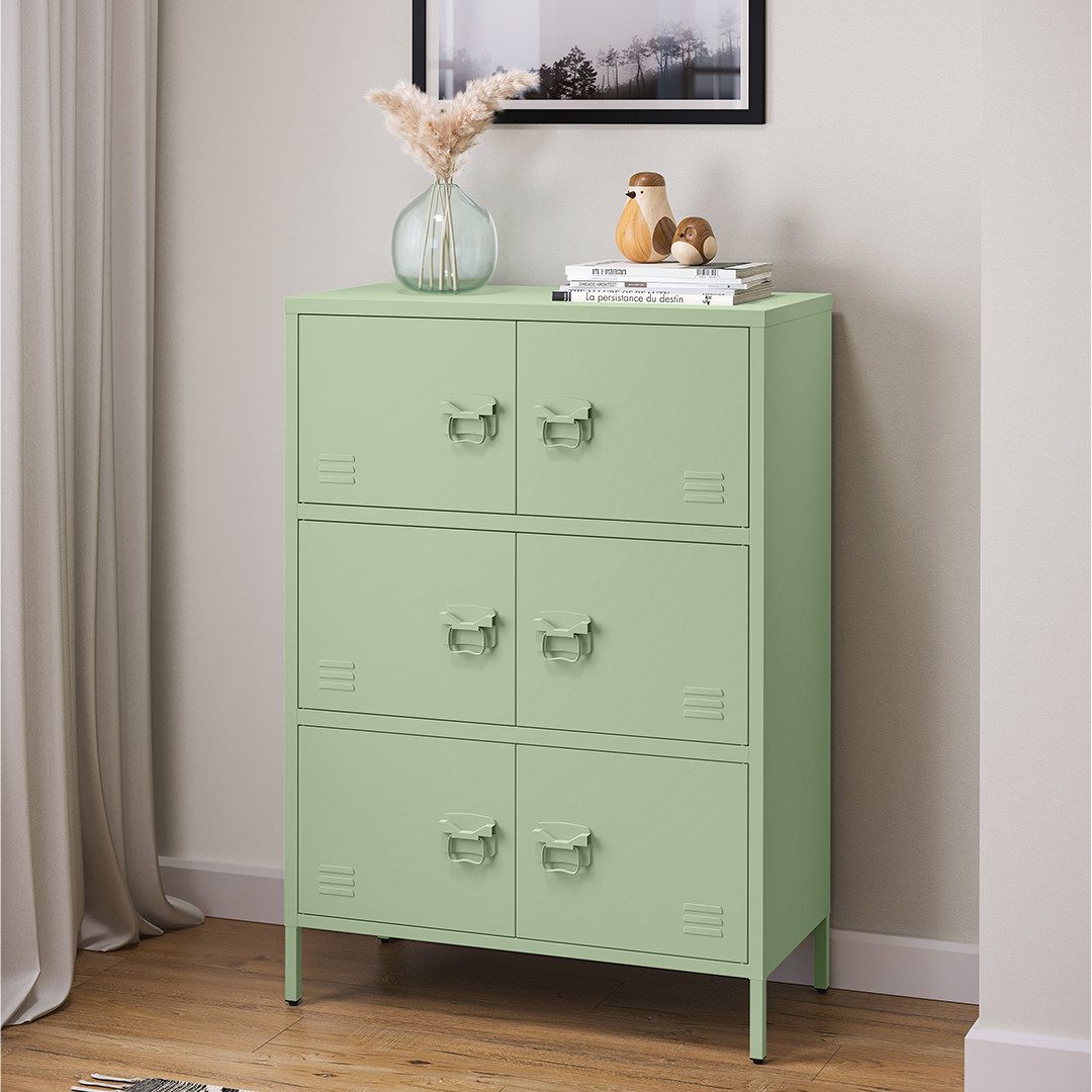 skølm Kommode Zandor aus Metall (Mintgrün, 3 Fächer & 6 Türen), Sideboard 113,5x80x38 cm, Metallschrank auch verfügbar mit 2 Fächern