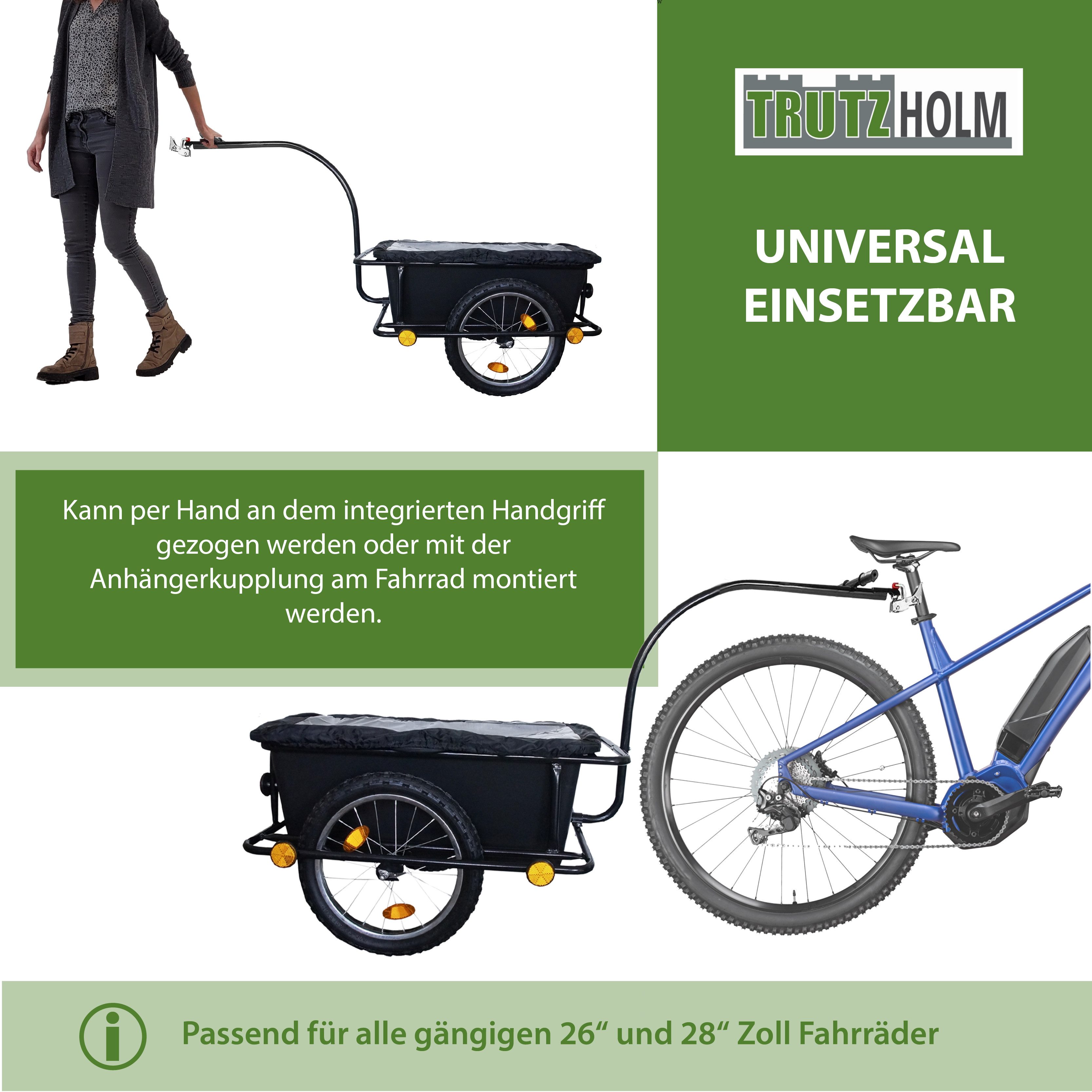 TRUTZHOLM bicycle cargo trailer with coupling, 90L capacity, tarpaulin, handcart, transport trailer, payload as a handcart: approx. 90 kg