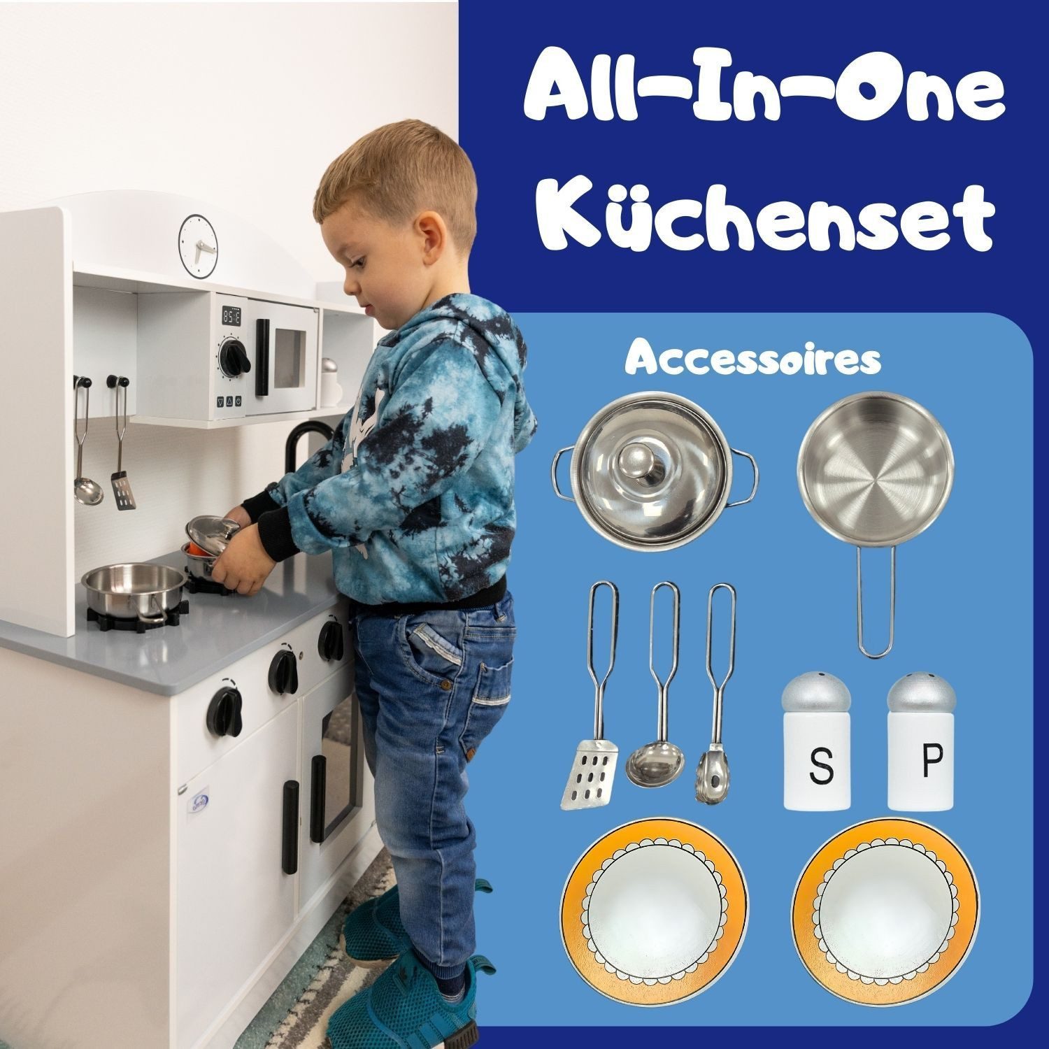 Coemo Spielküche ELLA Holz, Grau Kinderküche Holz Mikrowelle Herd Spülbecke günstig online kaufen