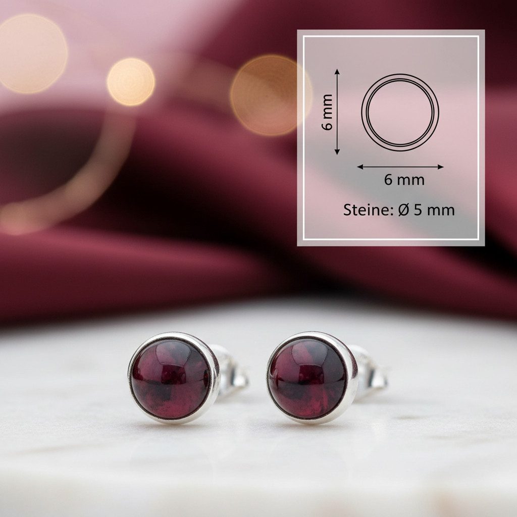 mantraroma Paar Ohrstecker SAMA rund klein aus 925 Silber mit Granat (Paar, Paar Ohrringe mit Schmuckbeutel), 925 Sterling Silber Ohrringe für Damen