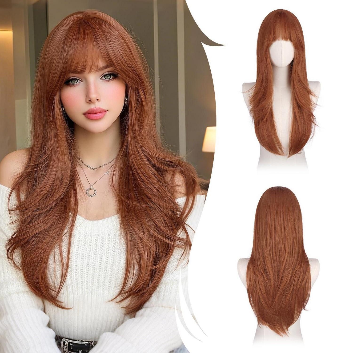 LuxusKollektion Kunsthaarperücke Perücken Damen Synthetische Lange Gerade Pony Cosplay 65 cm Orangerot