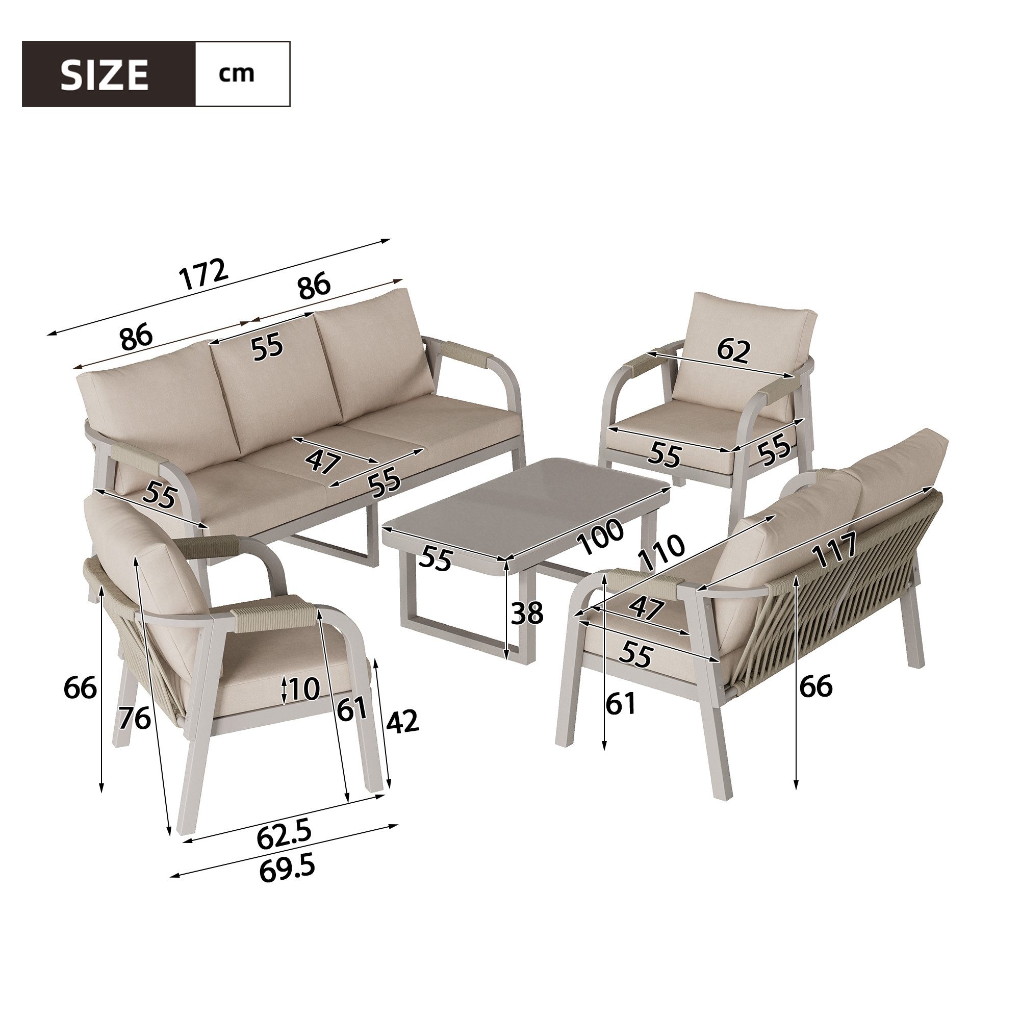 KLAM HOME Gartenlounge-Set Gartenlounge-Set für 7 Personen, 3+2 Sofa + 2 Sessel + Couchtisch, (Wetterfeste Sitzgruppe mit Seilgeflecht & verzinktem Eisenrahmen), Outdoor Garnitur mit Glas-Tischplatte für Garten, Terrasse & Balkon