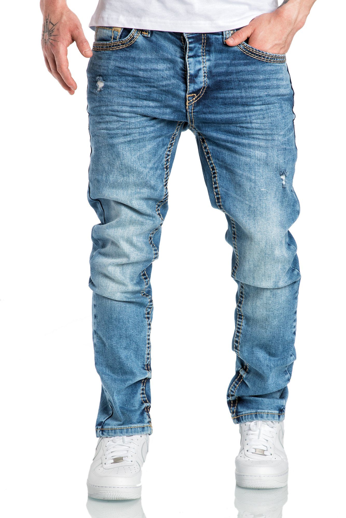 Amaci&Sons Stretch-Jeans ANCHORAGE Jeans Destroyed Regular Slim Herren Dicke Nähte Destroyed Regular Slim Denim Hose Fit Hellblau