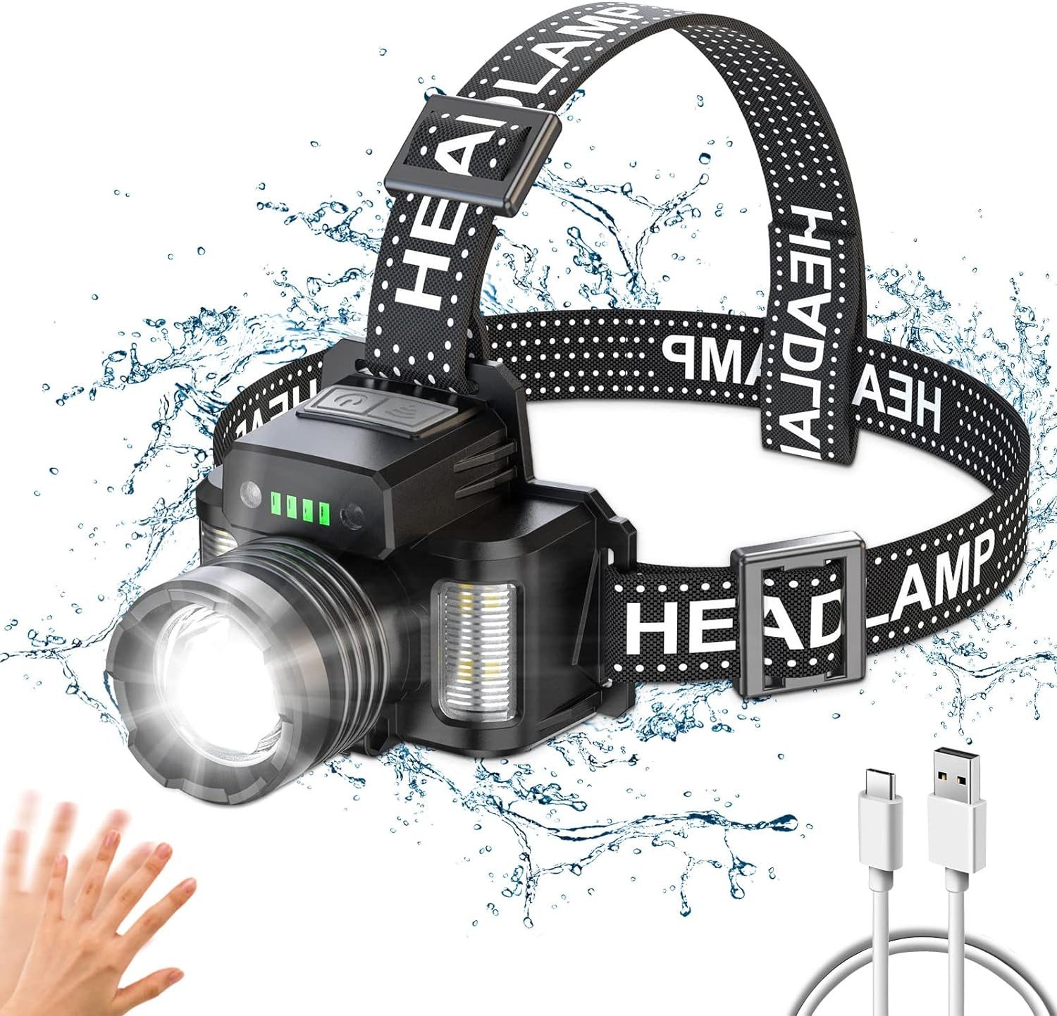 Coonoor LED Stirnlampe 18000lm Wiederaufladbar Stirnlampe zoombar Bewegungsmelder, 24 Stunden Laufzeit, wasserdicht