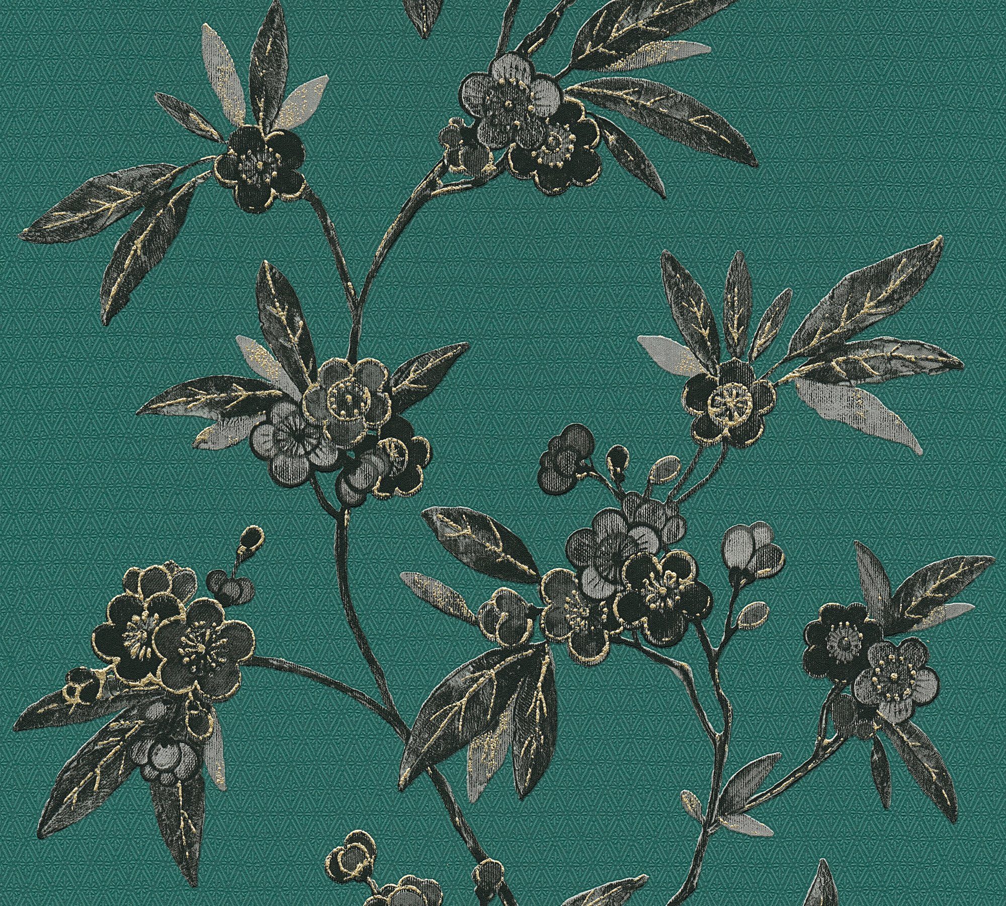 Blumentapete Fusion, grasgrün/schwarz/gold asiatisch, Japanisch aufgeschäumt, A.S. Tapete floral, Création Asian Vliestapete