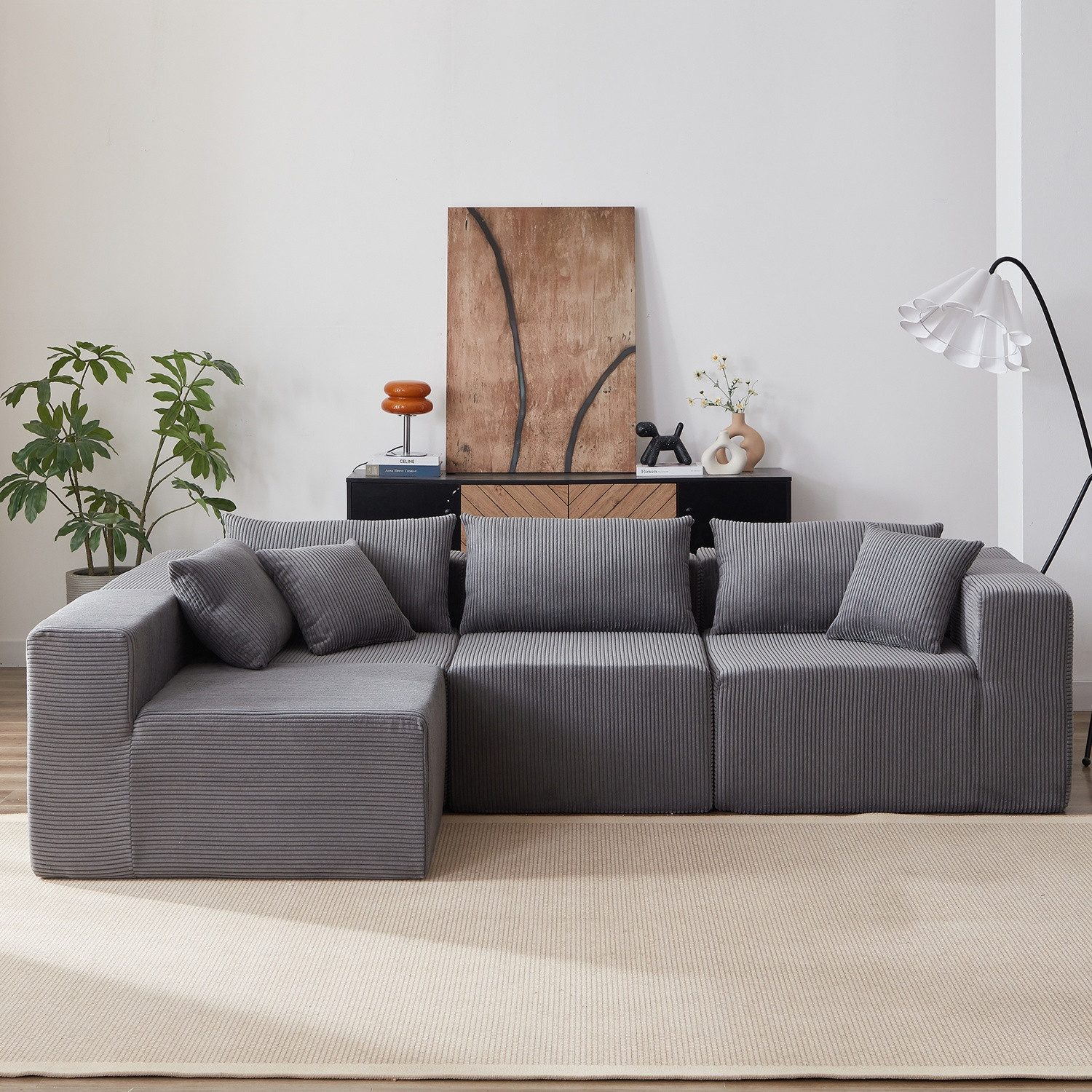 ANYSUN Ecksofa Modulares Ecksofa, L-förmiges Cord-Sofa,Schlafsofa, luxuriöses Boden-Sofa-Set, gepolsterte Innenmöbel, Kompressionssofa, für Wohn- und Schlafzimmer, 4-teilig, frei kombinierbar