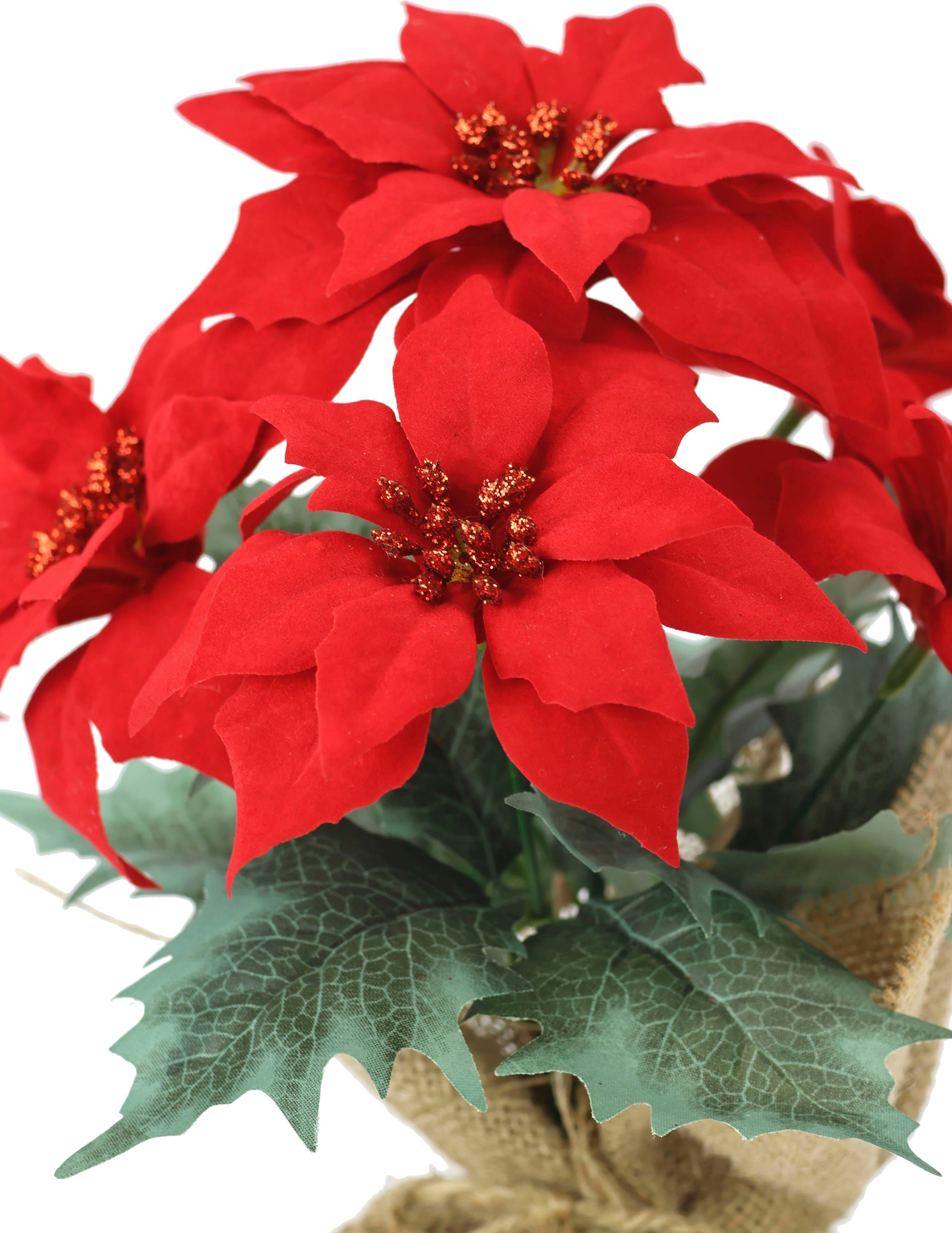 Winterliche Kunstpflanze Gesteck mit Poinsettia in Jute, Weihnachtsstern, Christstern, I.GE.A., Höhe 29 cm, Kunstblume, Weihnachtsdeko – Bild 2 von 4
