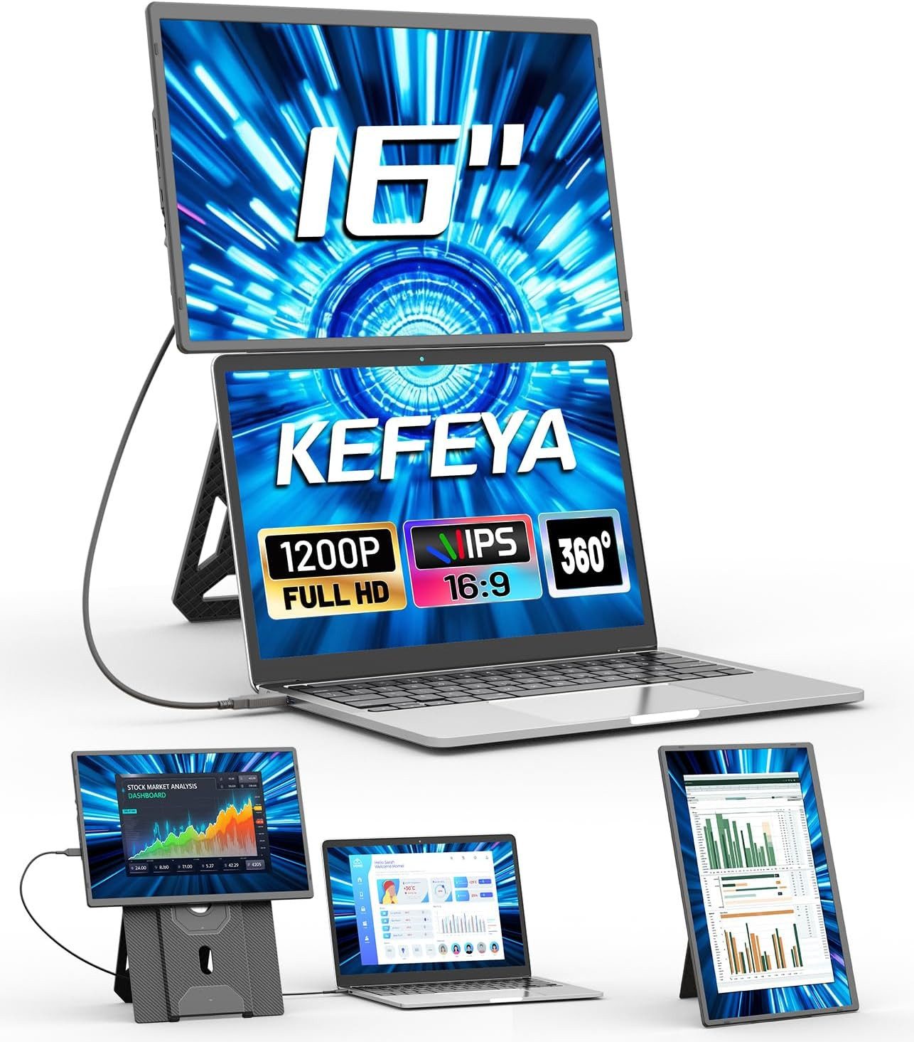 KEFEYA 16 Zoll FHD Laptop-Bildschirm-Extender, USB-C Portabler Monitor (36 cm/16 ", 1920 × 1200 px, Full HD, 60 Hz, HDR, Dual Display, Plug & Play, 1,27 kg, für 13–17,3 Zoll Laptops)