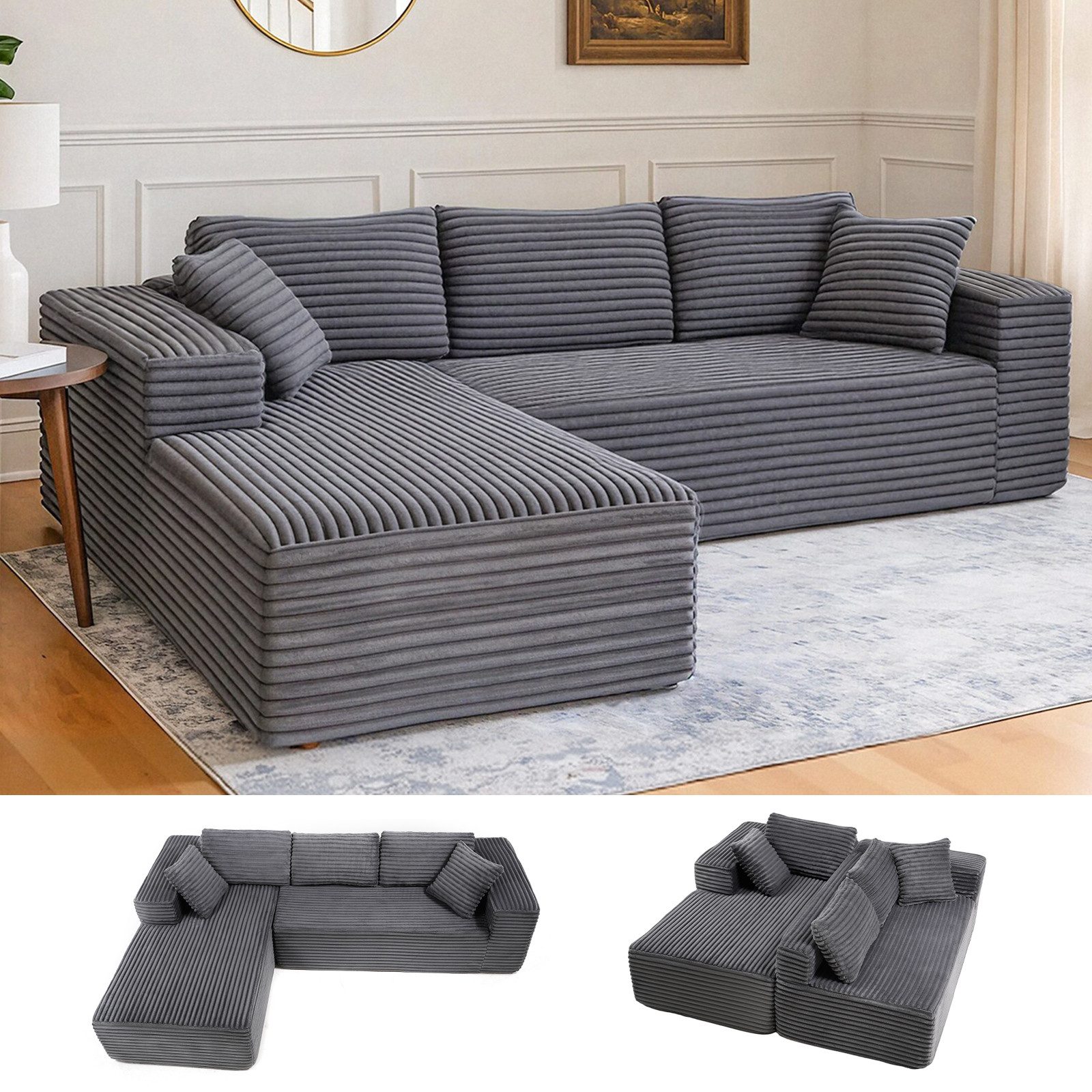 COMHOMA Sofa Big-Sofa, L-förmige Sofa, Couch Ecksofa, Chaiselongue Schlafsofa, mit tiefer Sitzfläche und breiten Armlehnen, Cordstoff