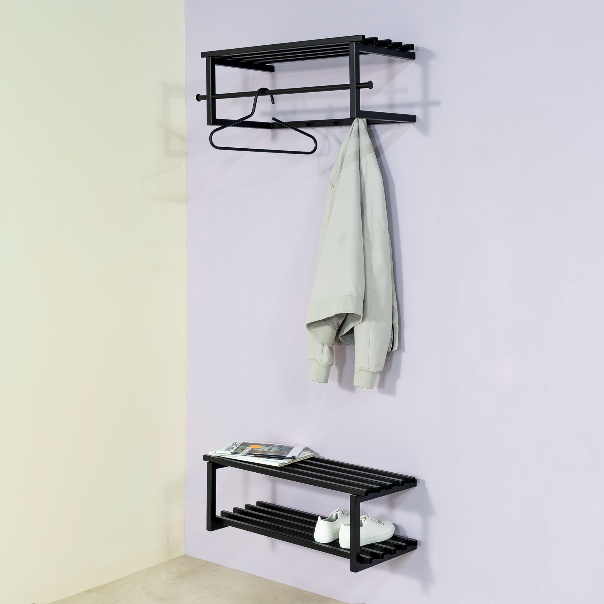 Spinder Design Garderobenleiste MARCO (1 St), Wandgarderobe aus Stahl mit 5 Haken, Hutablage und Kleiderstange