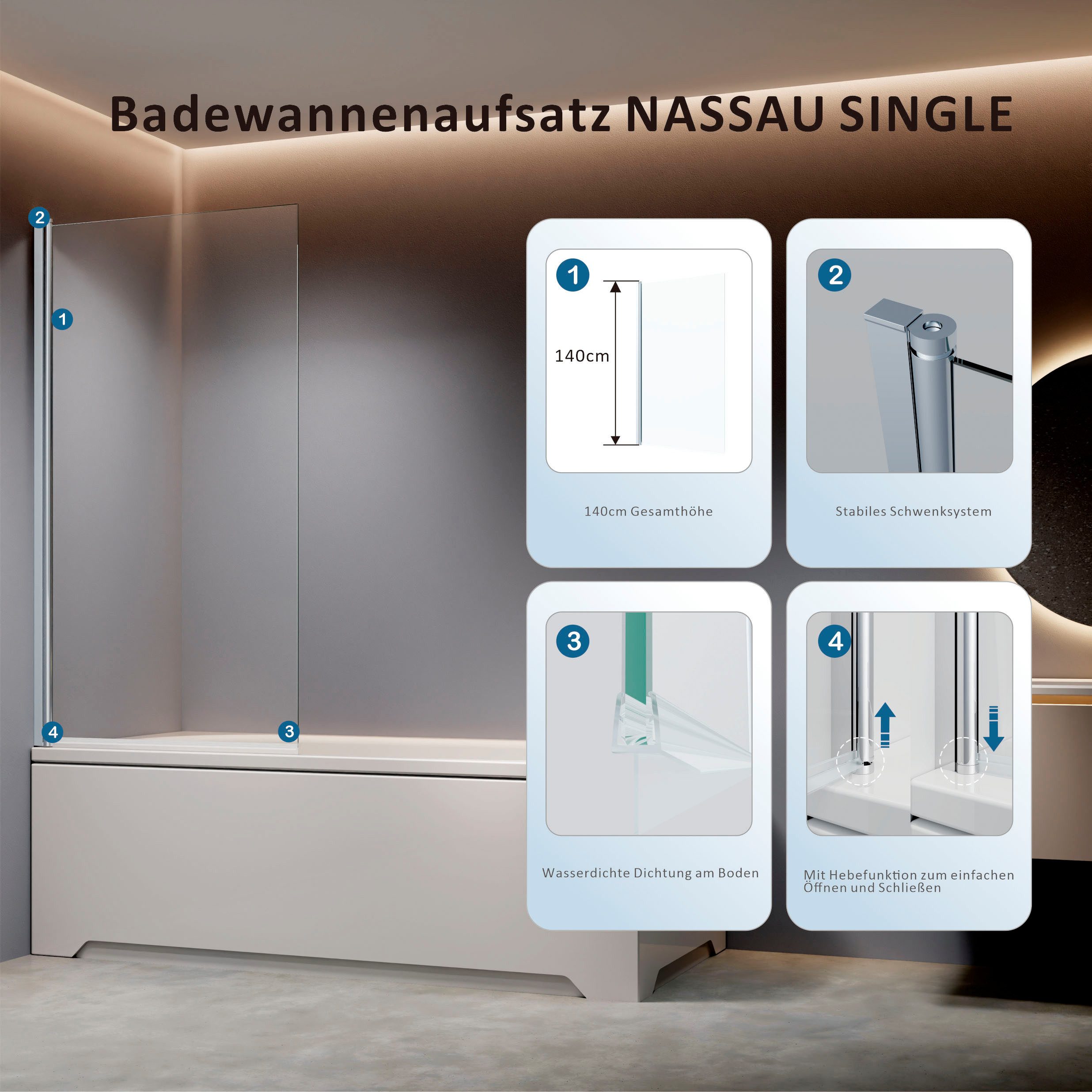 welltime Badewannenaufsatz BWA Nassau Single Clear, Sicherheitsglas
