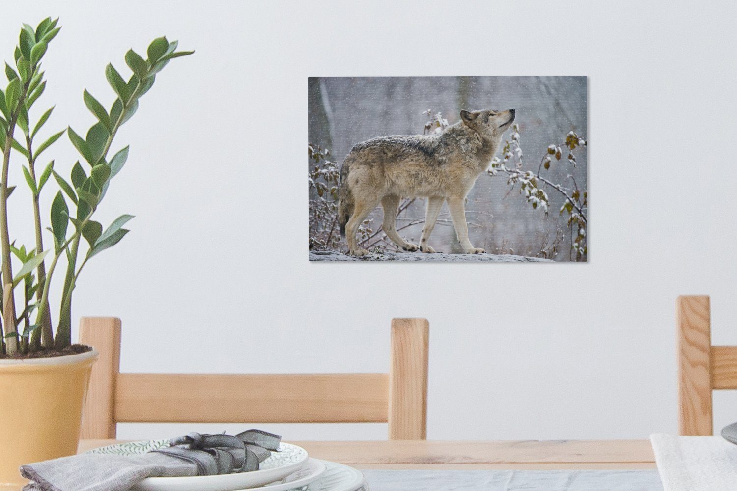 Schnee Leinwandbild Winter, (1 - Wolf Aufhängefertig, OneMillionCanvasses® Wandbild 30x20 cm Wanddeko, Leinwandbilder, - St),