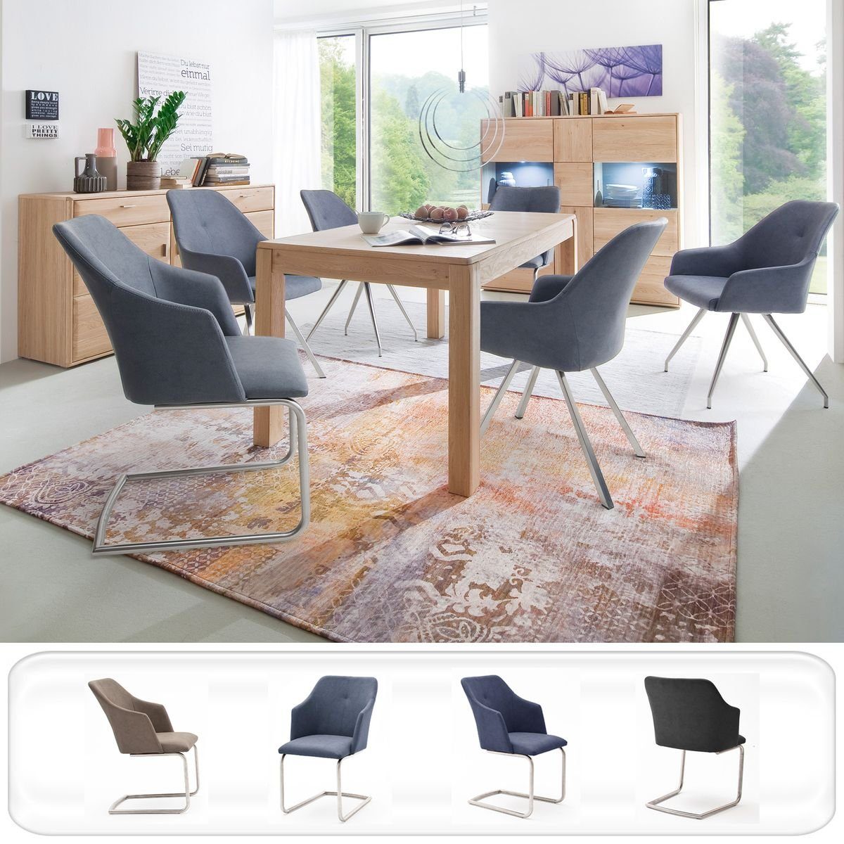 expendio Wohnzimmer-Set Torrent 151, (Spar-Set, 9-St), Eiche bianco montiert LED + 6x Stuhl B3 Kunstleder graublau
