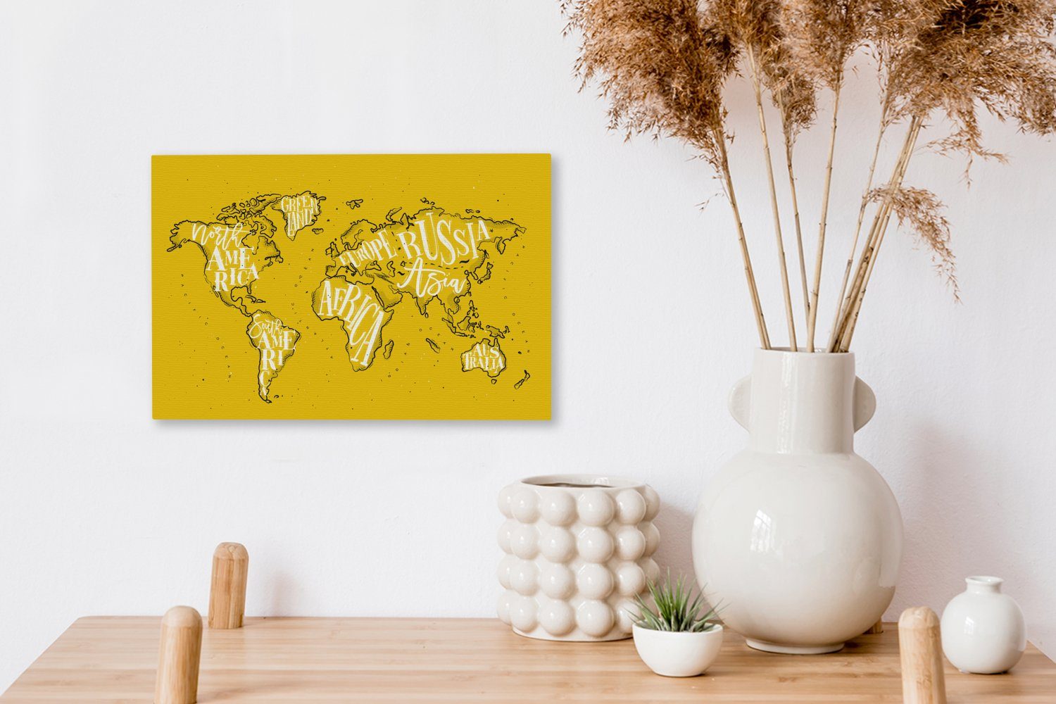 Aufhängefertig, Wanddeko, OneMillionCanvasses® St), Wandbild Einfach, 30x20 - Leinwandbild Leinwandbilder, - cm Weiß Gelb - Weltkarte (1