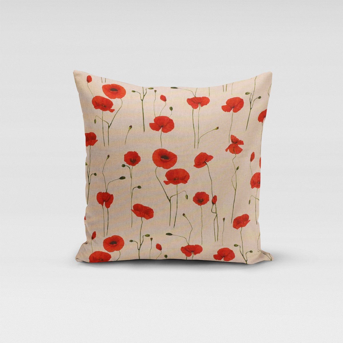 SCHÖNER LEBEN. Dekokissen Kissenhülle Poppy Field Mohnblumen natur rot 80x80cm, made in Germany,handmade