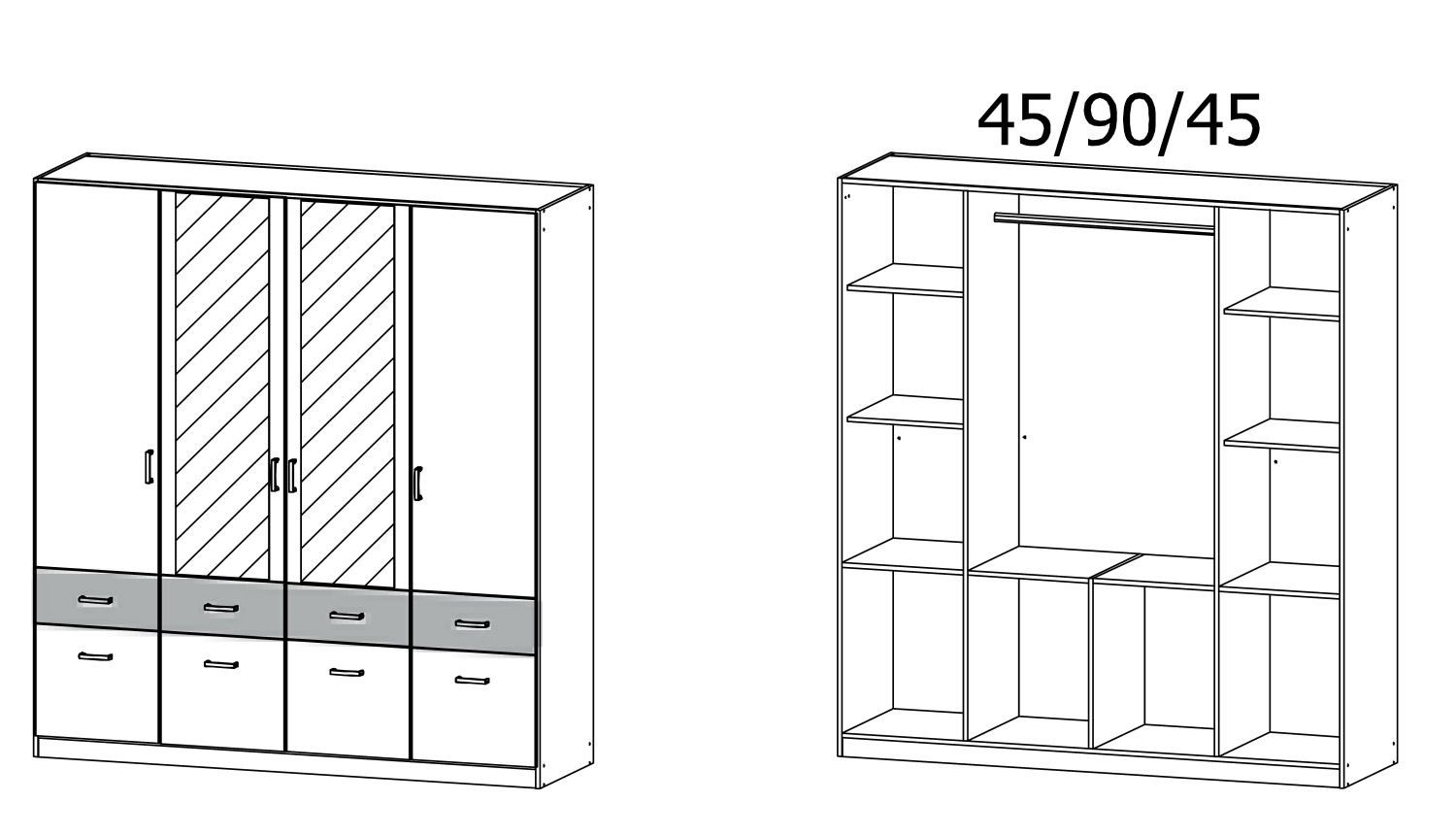 Türen Kleiderschrank Spiegeltüren, BREMEN, Höhe Schubladen 2 199 grau, cm, Breite 8 cm und mit 181 weiß, 2 rauch
