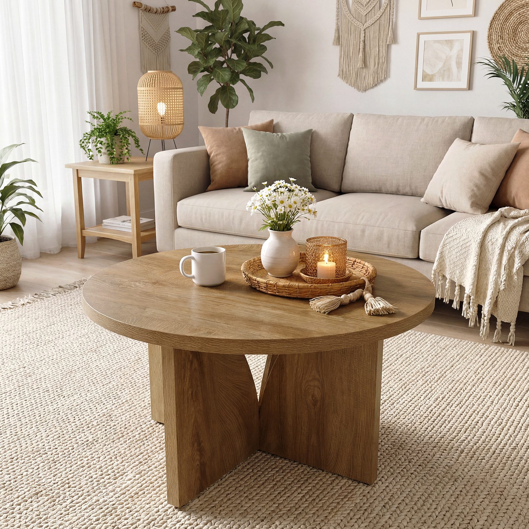 Tribesigns Couchtisch 80 cm Runder wohnzimmertisch, Moderner Holztisch in Braun