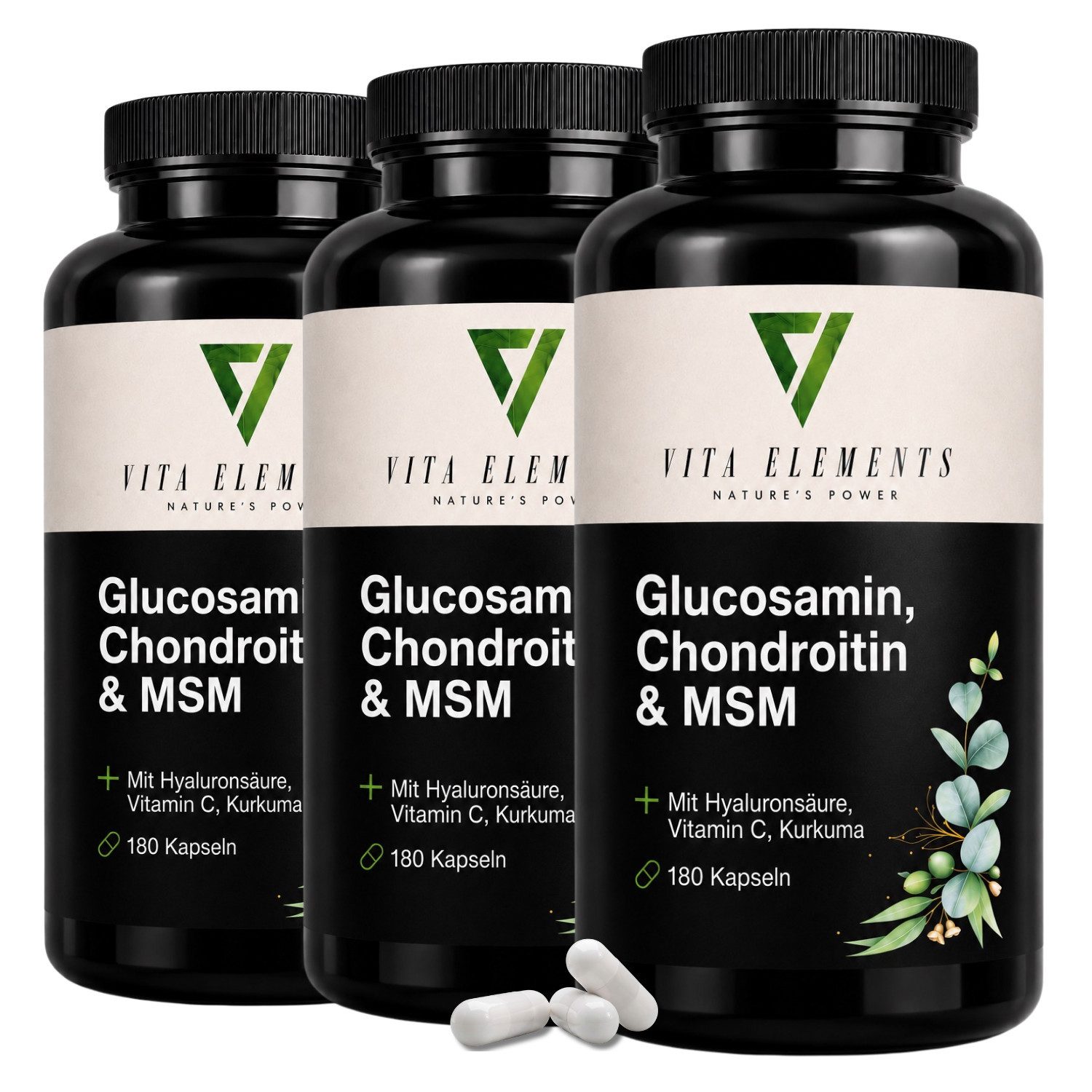 Vita Elements Glucosamin, Chondroitin & MSM - 1000mg Glucosaminsulfat, 540 Kapseln, 3 er Spar-Set à 180 St., Hochdosiert, Mit Hyaluronsäure & Vitamin C, Laborgeprüft