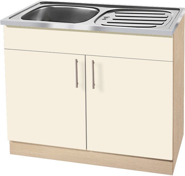 wiho Küchen Spülenschrank Kiel 100 cm breit mit Auflagespüle Vanillefarben | Eichefarben | Spülenschränke