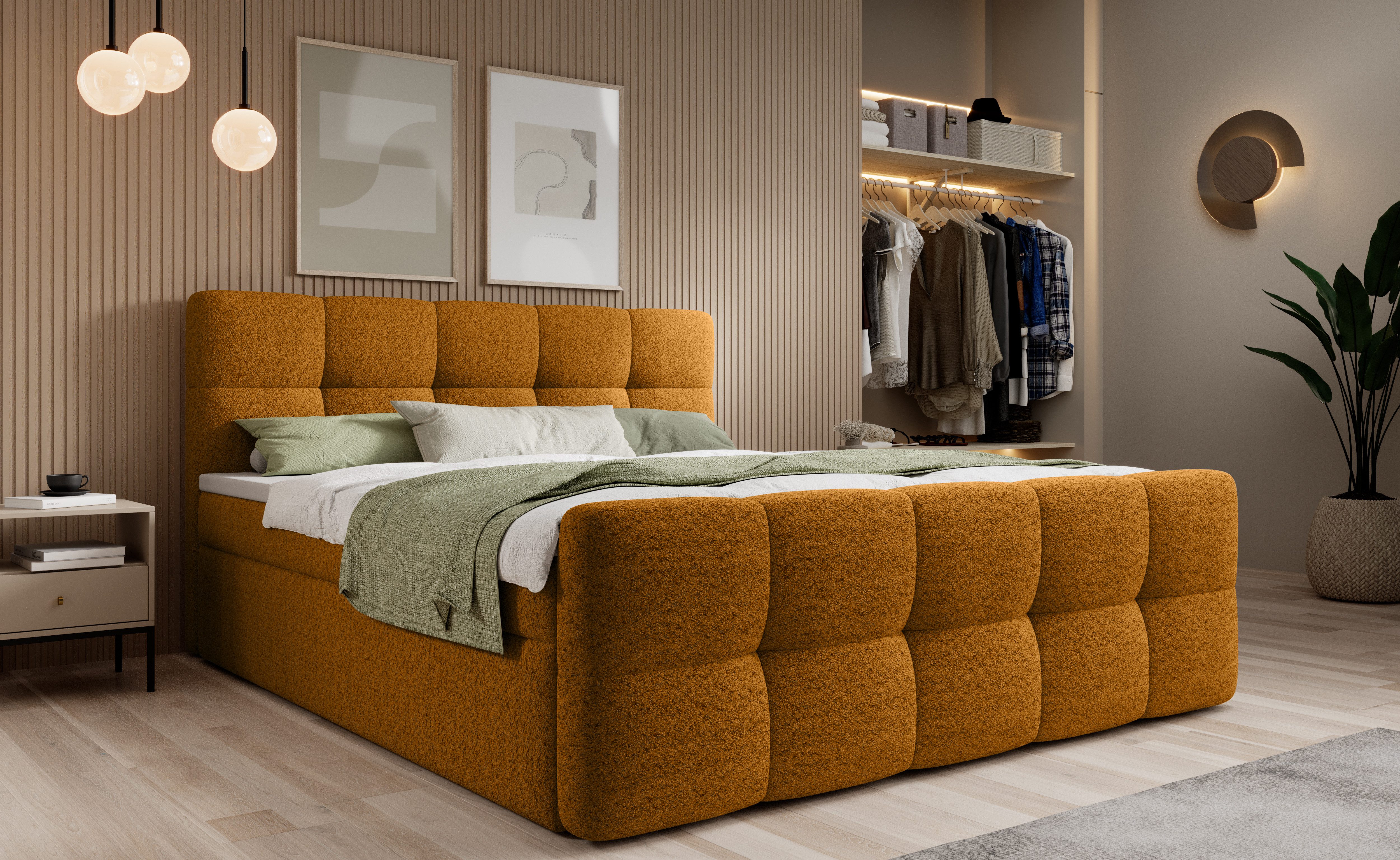 thematys Boxbett mit Bettkasten 140x200–200x200 cm – Velours oder Bouclé Bezug – (Polsterbett Bonnellfederkern Matratze H3 + Gratis 3cm Topper, Boxbett - Luxus Doppelbett mit Stauraum)