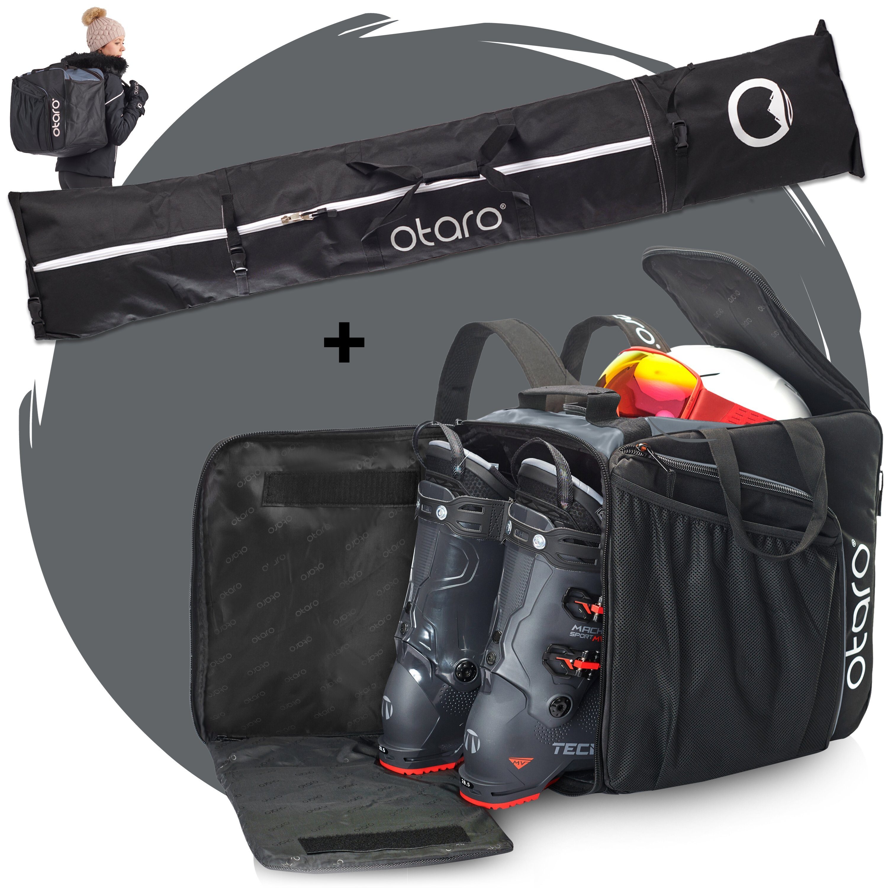 Schuhfach Skischuhtasche Ski Stöcke) 2 Schwarz Standfläche, Paar deine durchdacht, Skitasche, mit für für Felsgrau Ski ausklappbare Skitasche Otaro & Perfekt (Schutz Ausrüstung, + 2 Set: Pro-Set für Paar