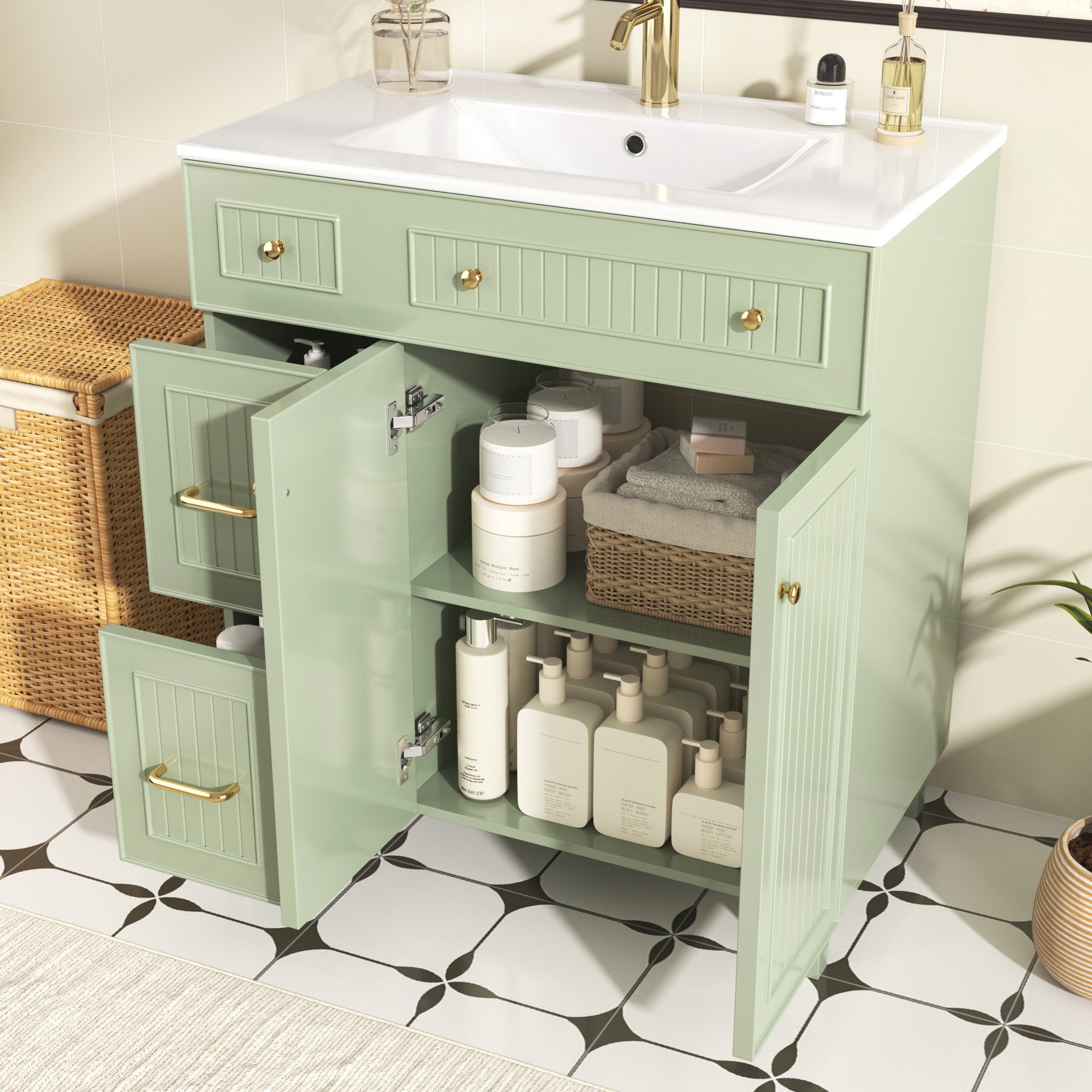 Flieks Waschtisch Waschbeckenunterschrank mit Waschbecken (B81,7/T46,8/H90 cm, 1-St., bodenstehend, Badschrank Volllackierung), Badmöbel mit Schubladen und Türen Badzimmerschrank, Massivholzfüß
