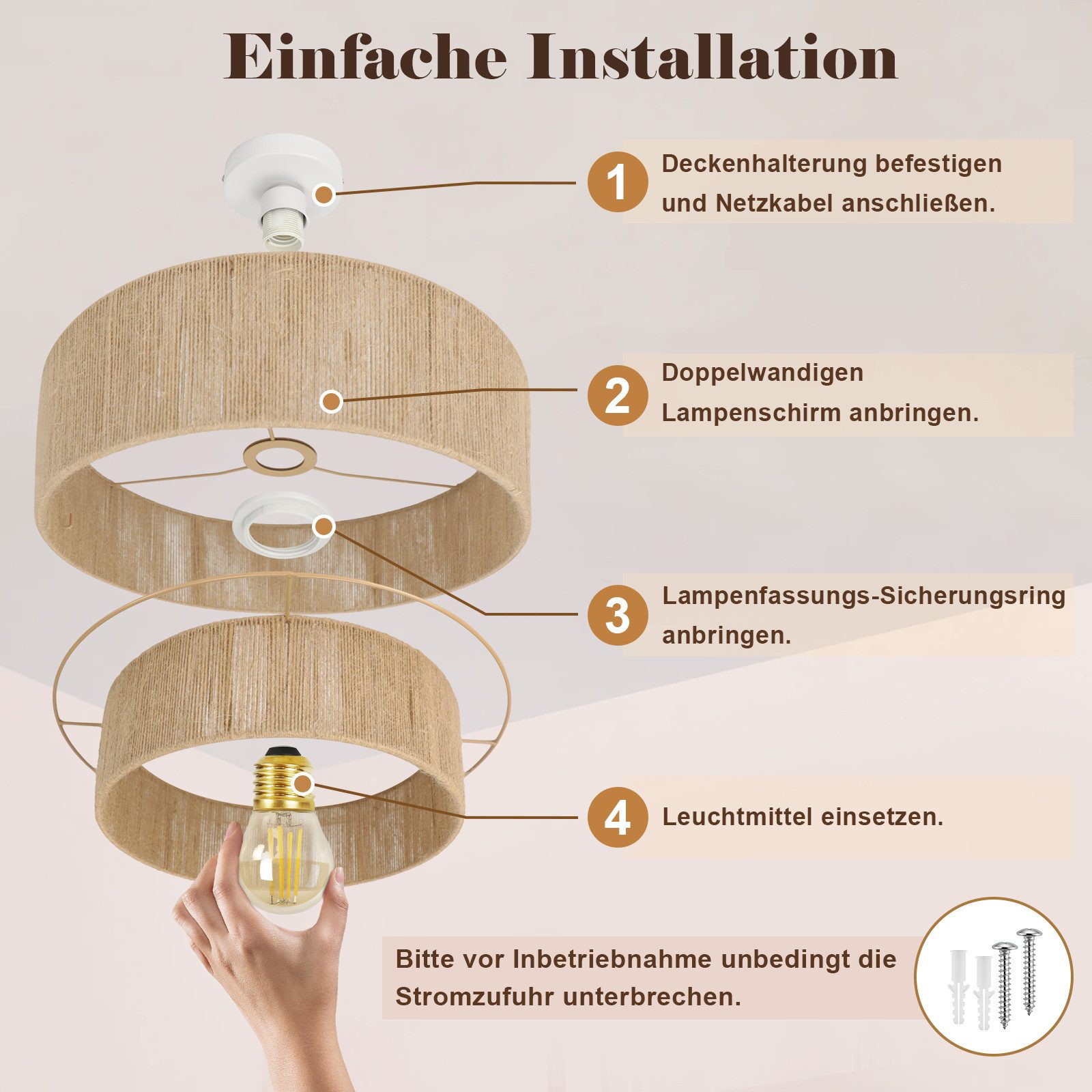 Nettlife Deckenleuchte Vintage Juteschnur Boho-Design Rustikale Pendelleuchte E27, ohne Leuchtmittel, für Wohnzimmer Schlafzimmer Küche oder Flur – Bild 5 von 5