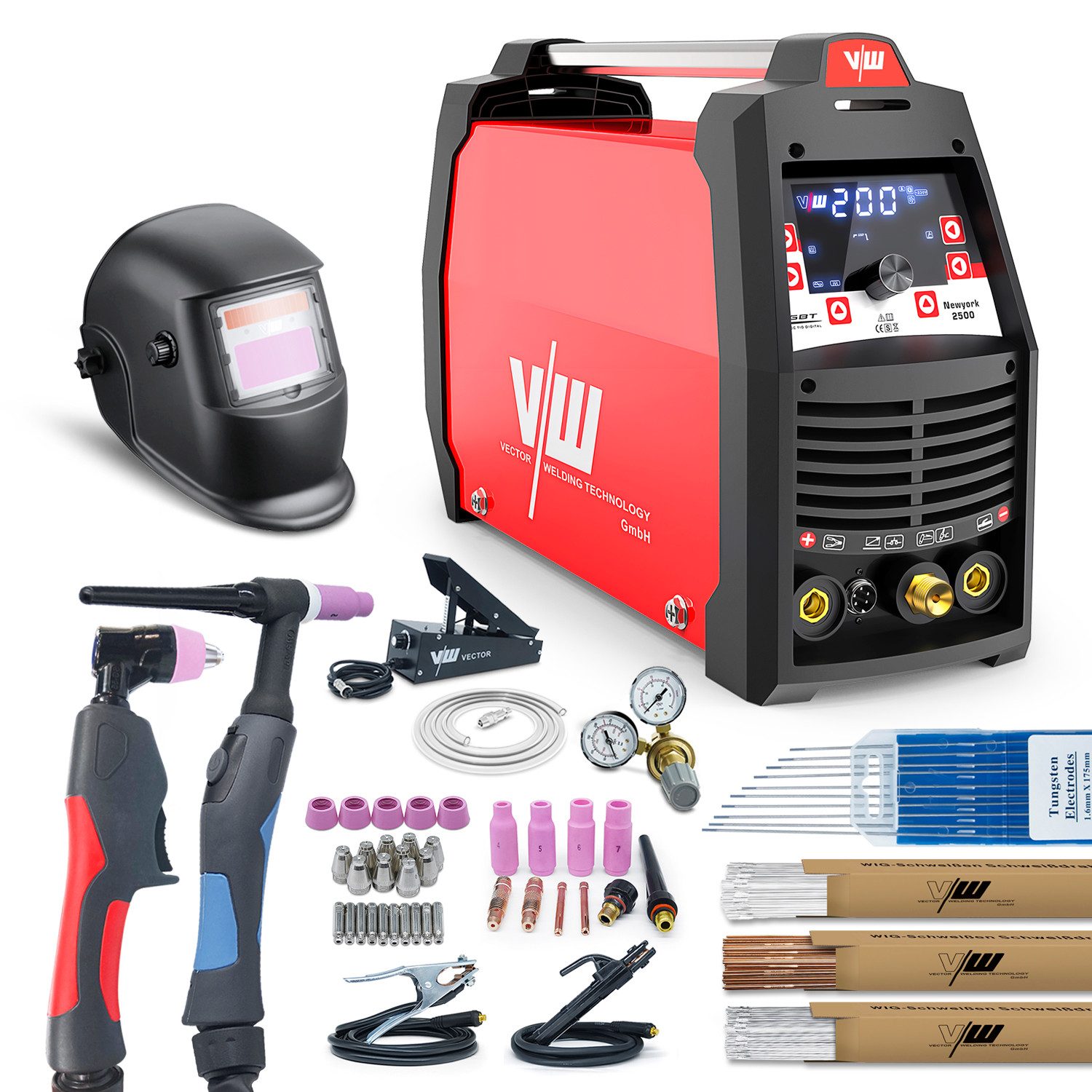 VECTOR WELDING Inverterschweißgerät 3 in 1 AC/DC WIG 200A + Plasmaschneider 50A, Helm, Fußpedal