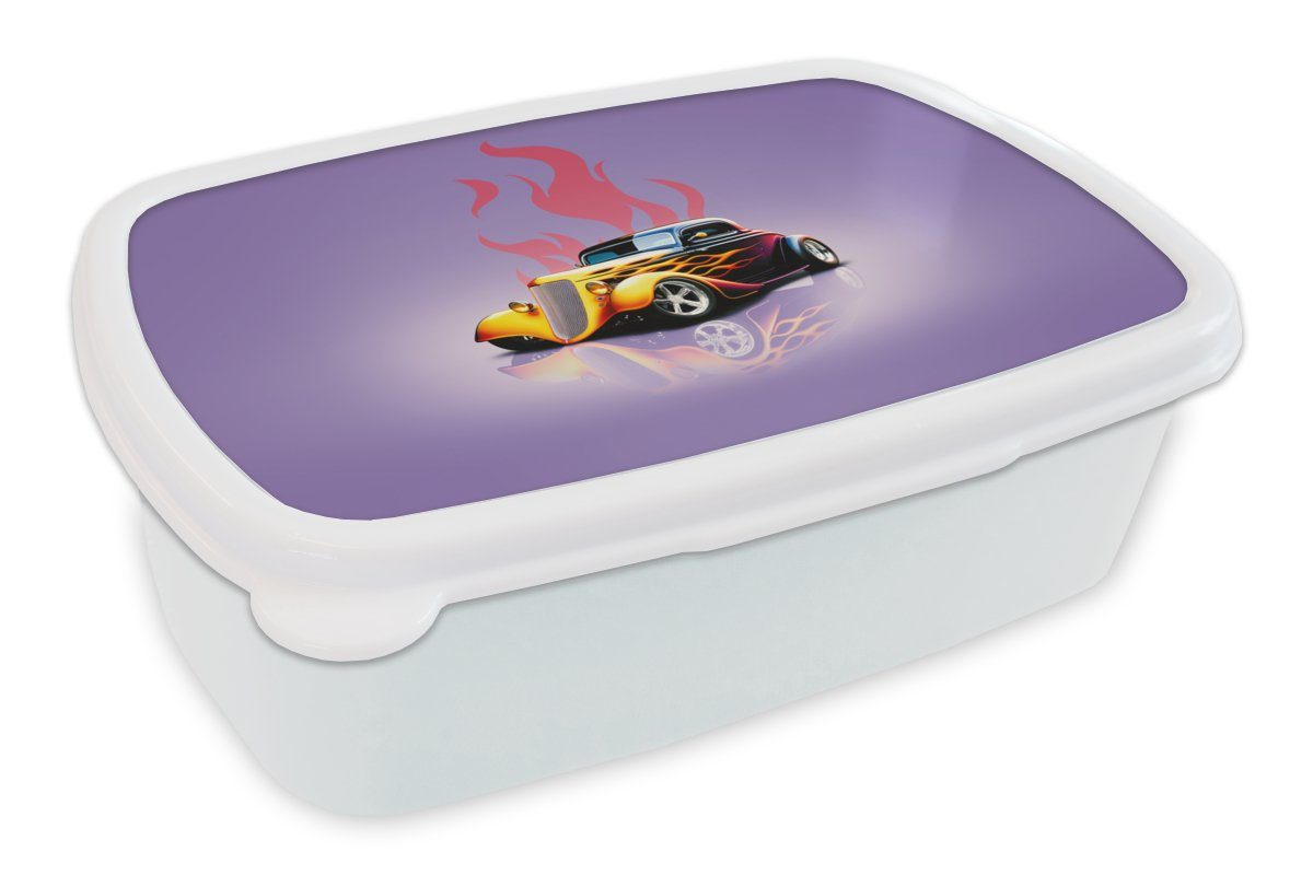 MuchoWow Lunchbox Auto - Lila - Flammen - Vintage, Kunststoff, (2-tlg), Brotbox für Kinder und Erwachsene, Brotdose, für Jungs und Mädchen weiß