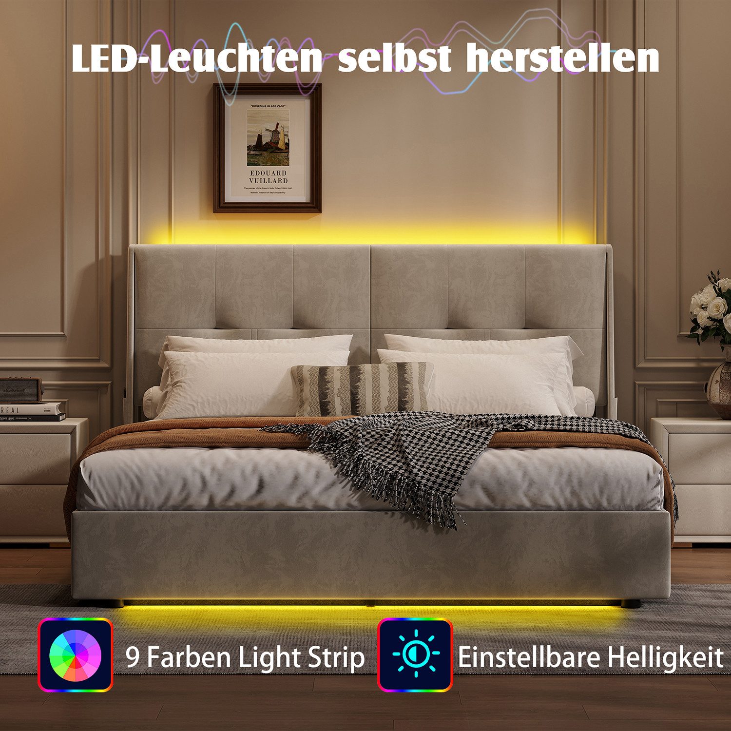 zebery Stauraumbett Polsterbett Doppelbett Mit hydraulischer Funktion (Packung, 1-tlg., Mit Bettkasten), 140x200 cm,LED-Leuchten,Kopfteil und Bettgestell,Samt,Beige