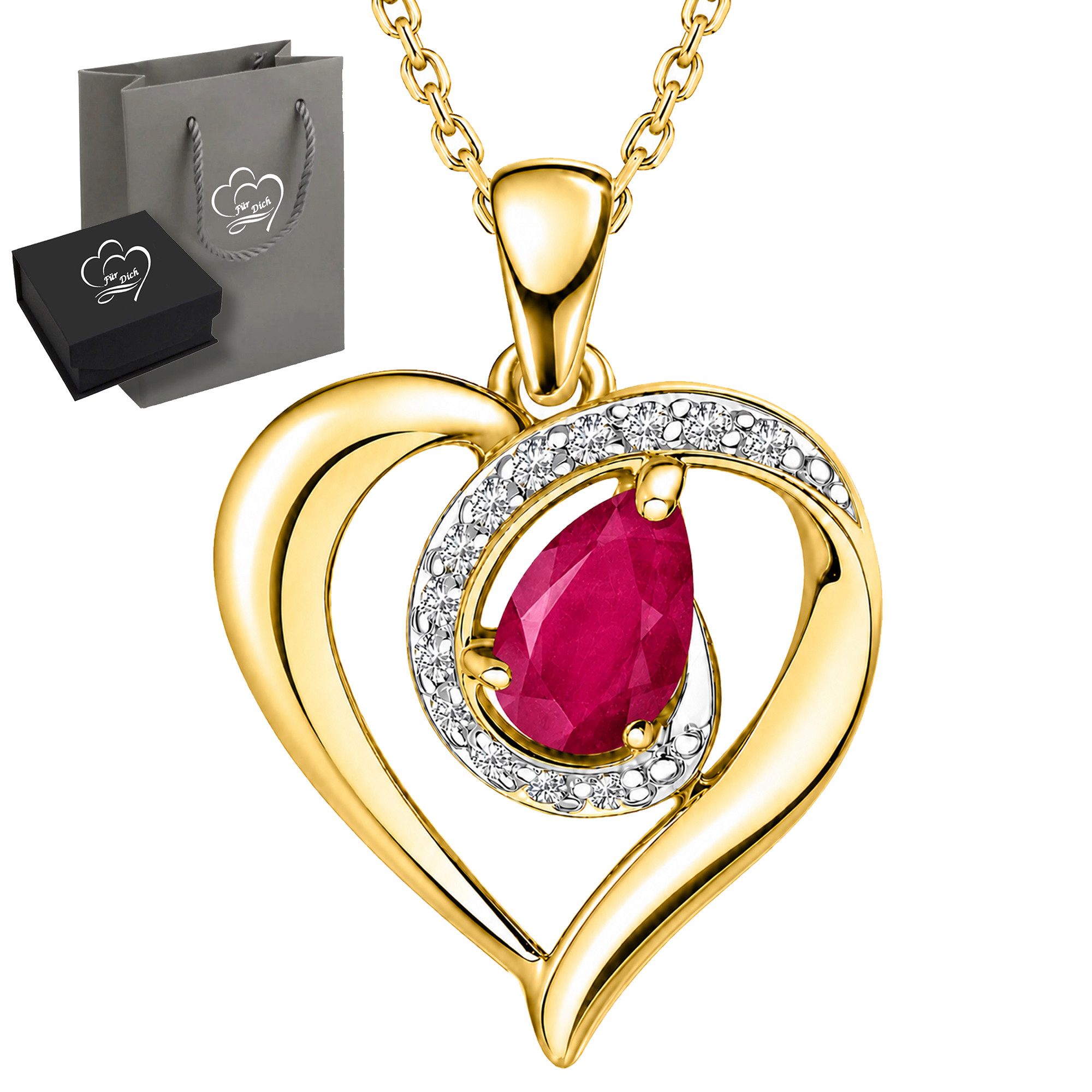 Limana Herzkette echte Edelstein Damen Kette mit Herz Anhänger 925 Silber gold (Geschenk Set für Frauen Freundin, Schmuck inkl. Dose und Tasche), echter Rubin Saphir Opal Halskette mit Anhänger, Weihnachten