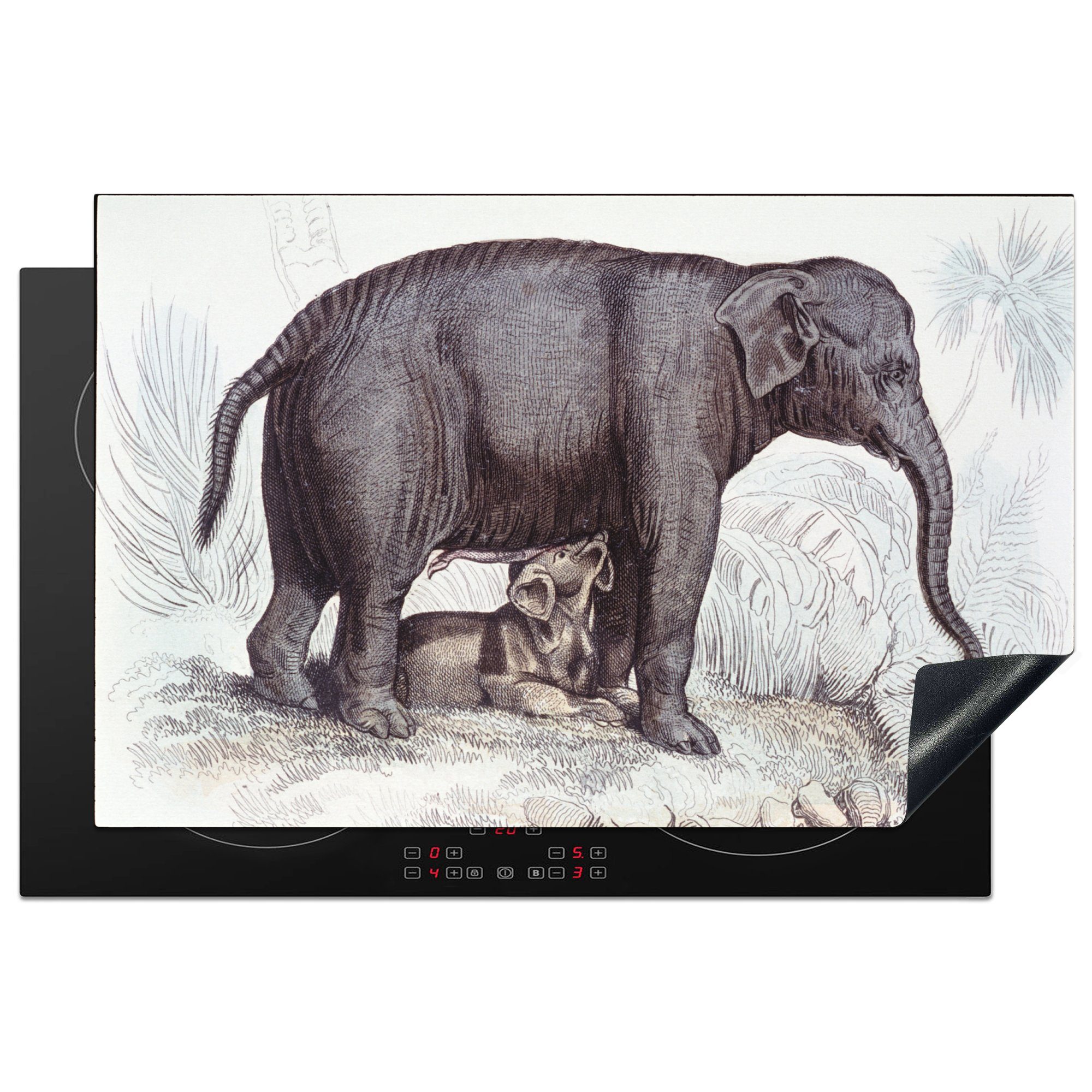 MuchoWow Herdblende-/Abdeckplatte Eine Illustration eines Elefanten mit einem Baby, Vinyl, (1 tlg), 81x52 cm, Induktionskochfeld Schutz für die küche, Ceranfeldabdeckung