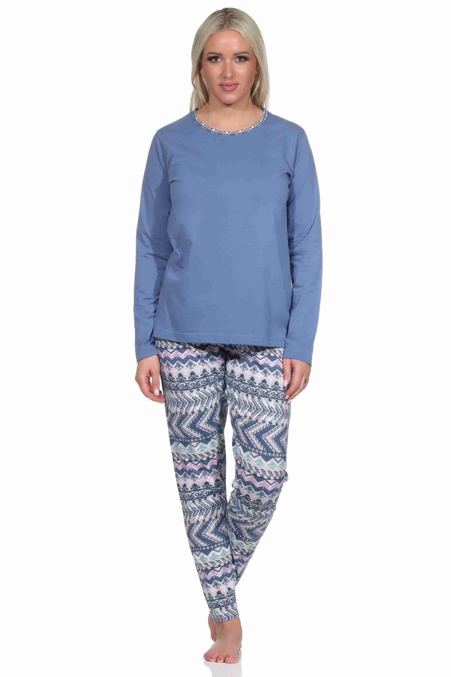 Normann Pyjama Damen langarm Schlafanzug im wunderschönen Ethnolook blau