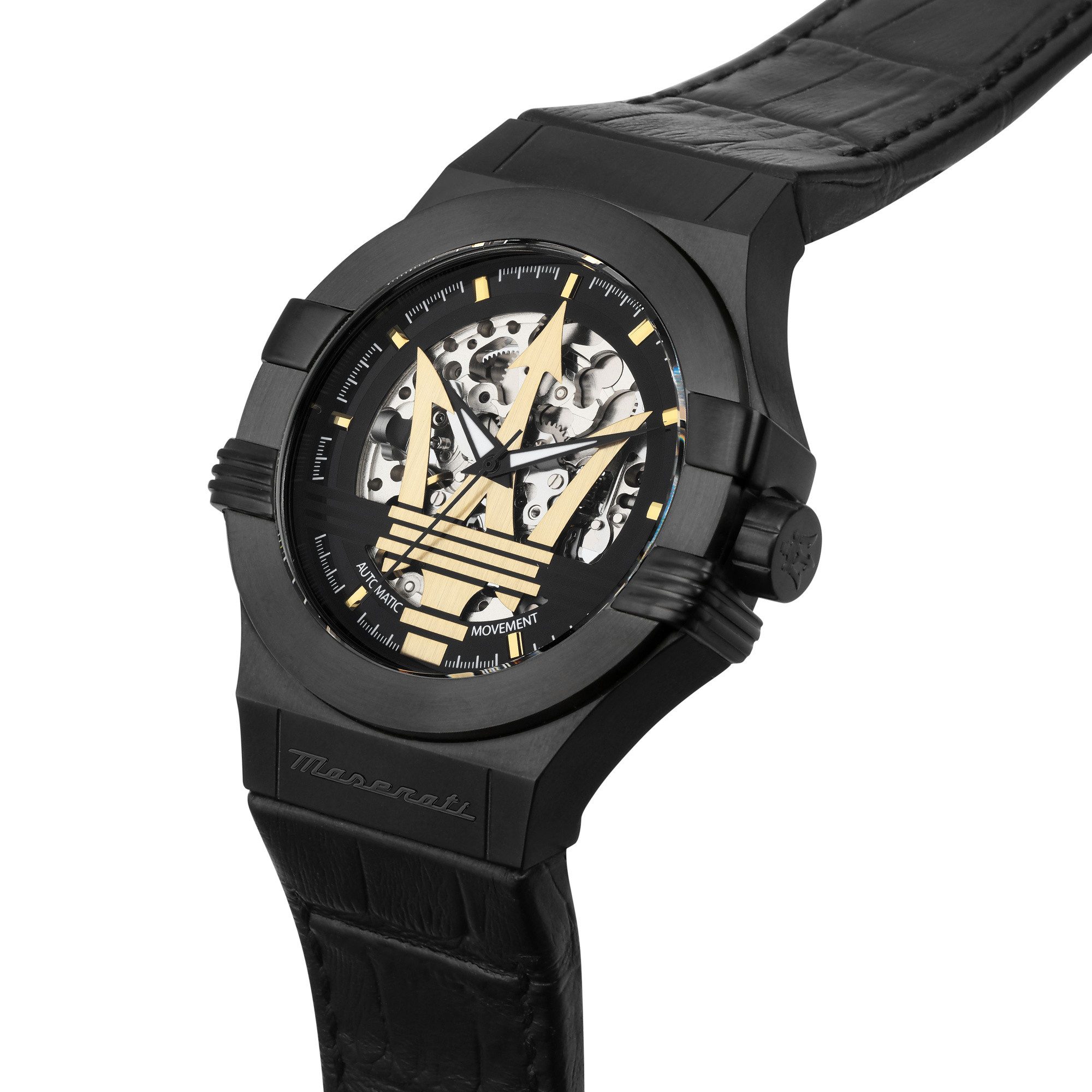 MASERATI Automatikuhr Potenza R8821108051, 42 mm – Herrenuhr mit skelettiertem Zifferblatt, & schwarzem Lederarmband