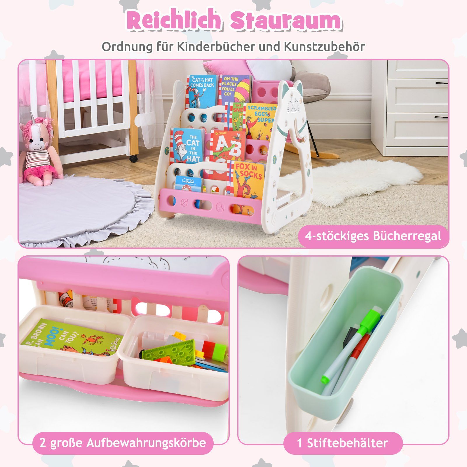 COSTWAY Tafel 3 in 1 Kinder Sitzgruppe, Kindertafel, Bücherregal