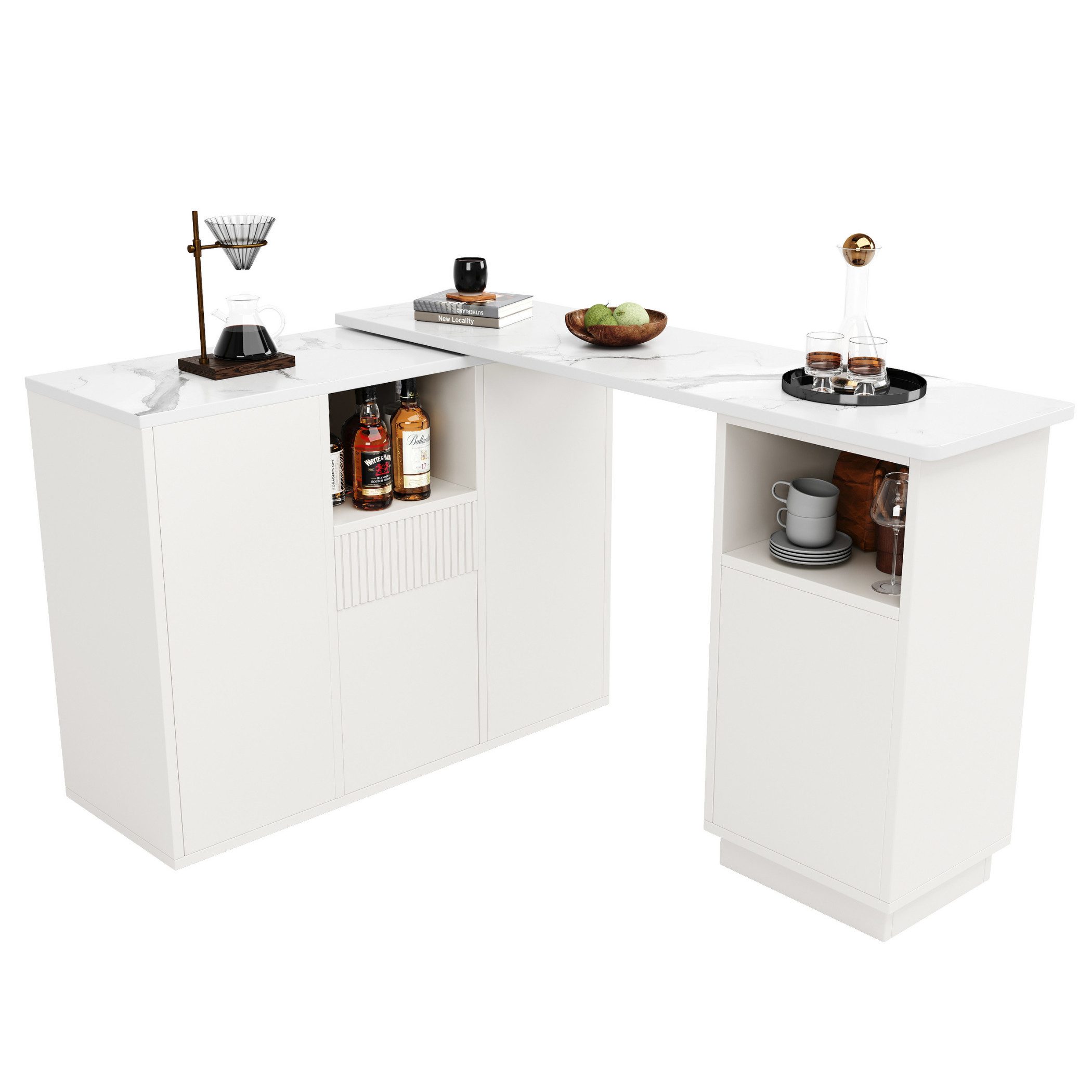 SeedWave Bartisch 360° drehbare Bartisch mit Multifunktionales Aufbewahrungsdesign, Sideboard mit Design ohne Griffe und Marmor-Finish, 120x30x72.5 cm